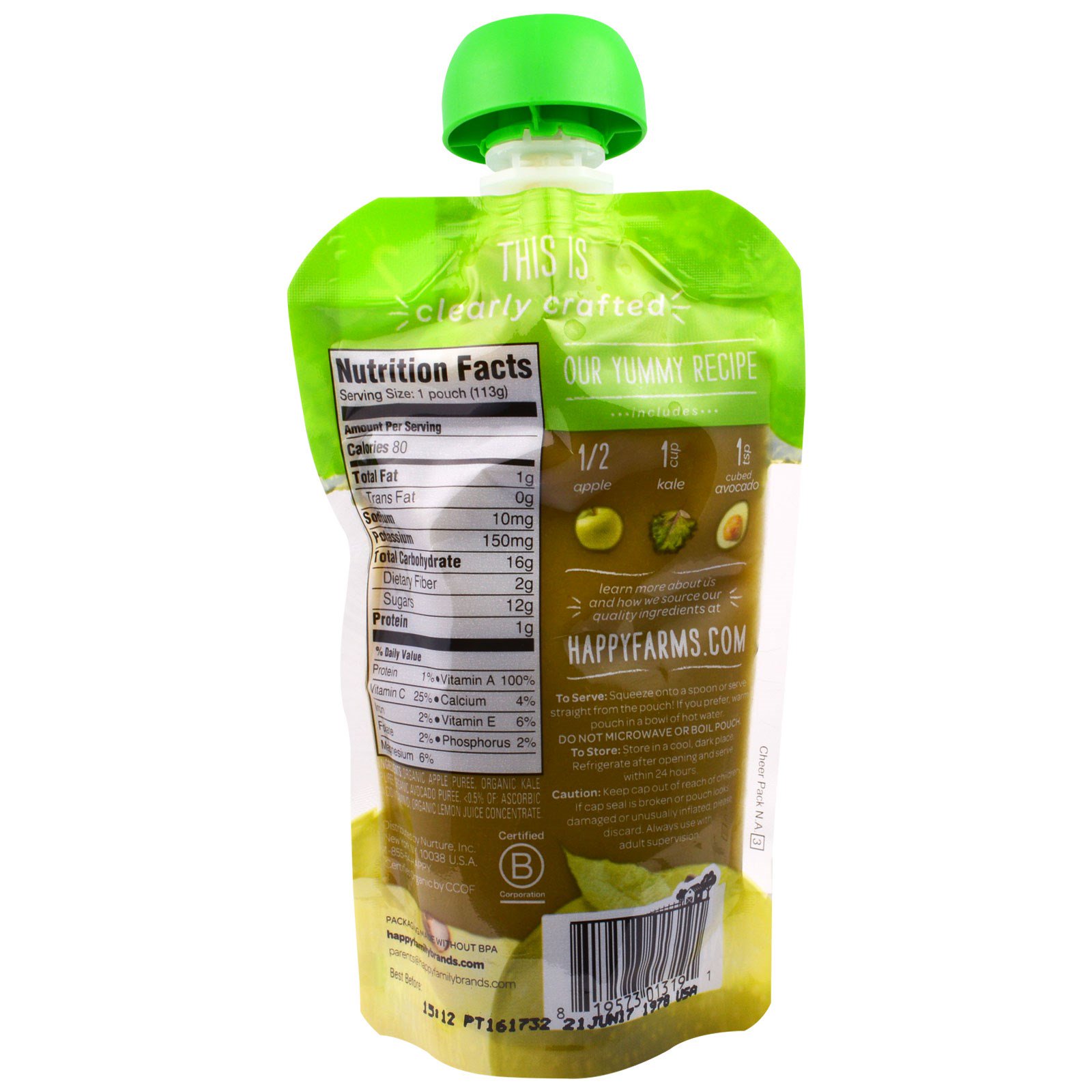 Nurture Inc. (Happy Baby), Alimento Orgânico para Bebê, Idade de 2, 6+ Meses, Maça, Couve e Abacate, 113 g - Imagem 2