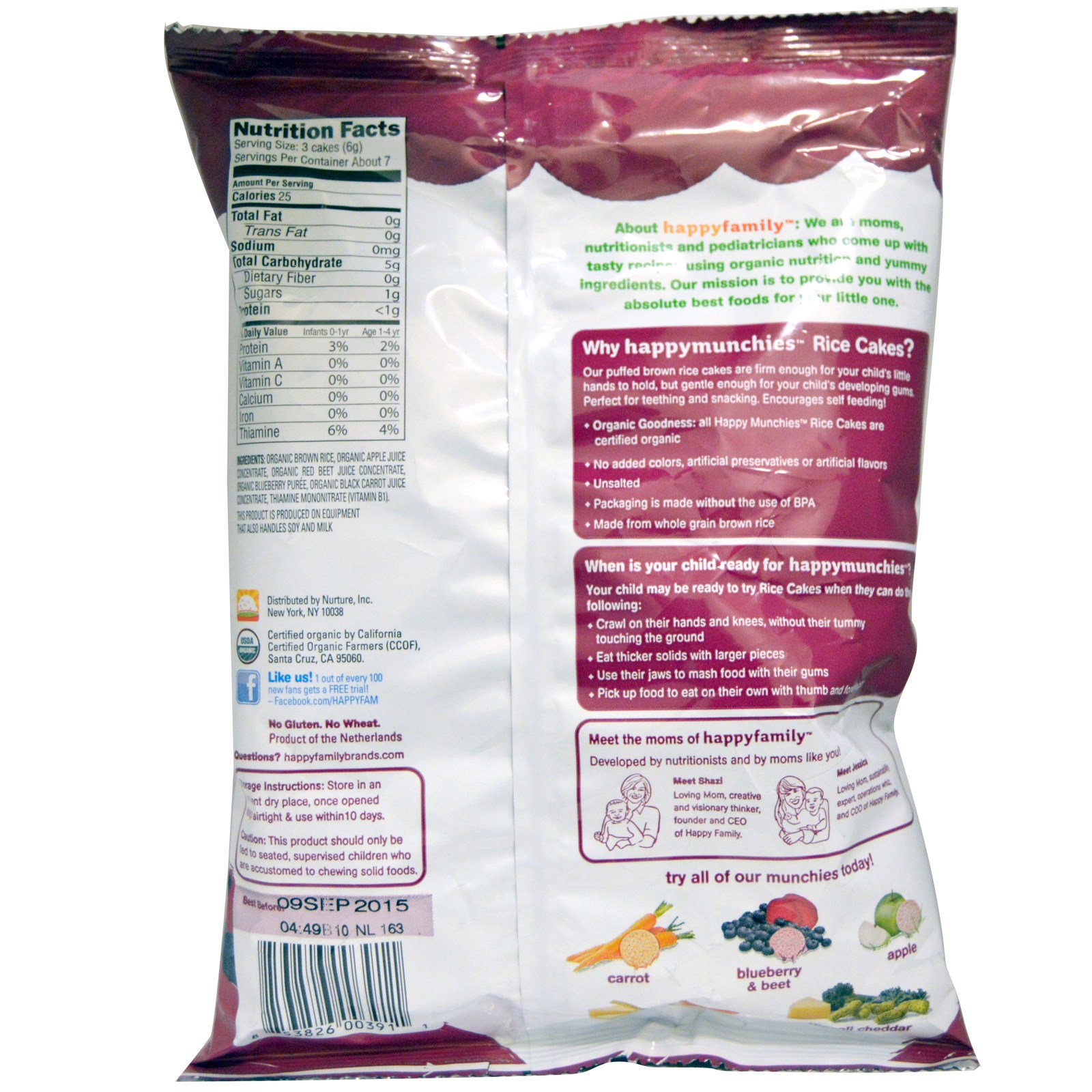 Nurture Inc. (Happy Baby), Happy Munchies™, Bolos de Arroz, Mirtilo e Beterraba, 1.4 oz (40 g) - Imagem 2