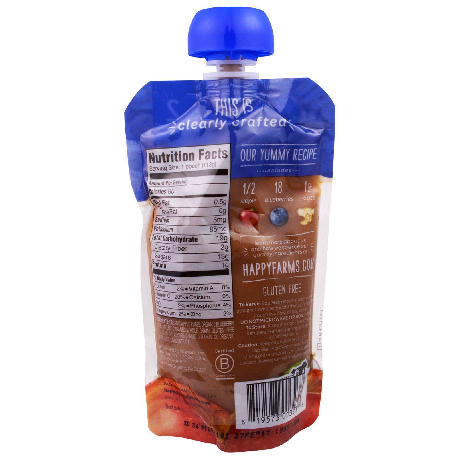 Nurture Inc. (Happy Baby), Alimento Orgânico para Bebê, Idade de 2, 6+ Meses, Maça, Mirtilo e Aveia, 113 g - Imagem 2