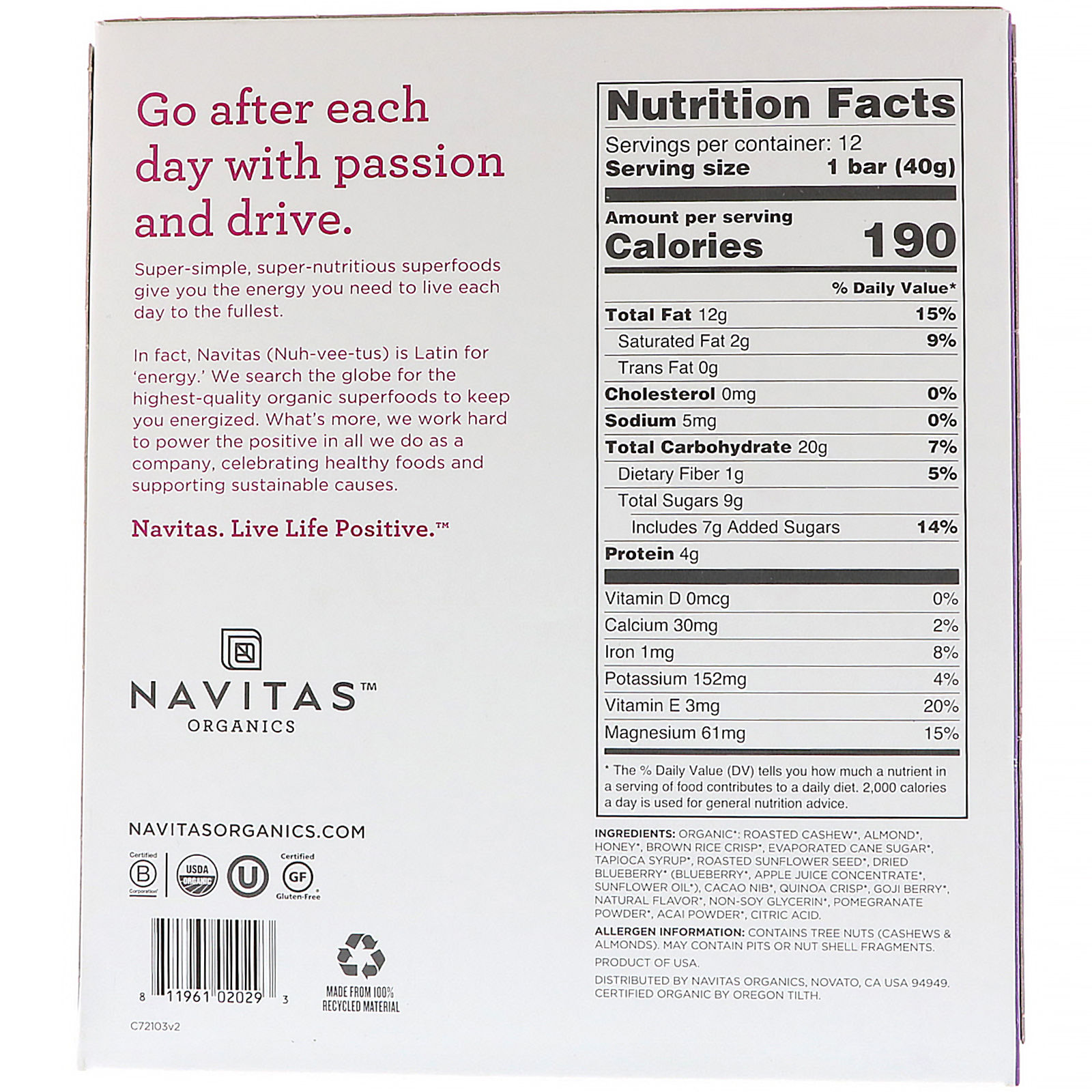Navitas Organics, Superfood + Bars, Goji Acai, 12 Bars, 16.8 oz (480 g) - Imagem 3