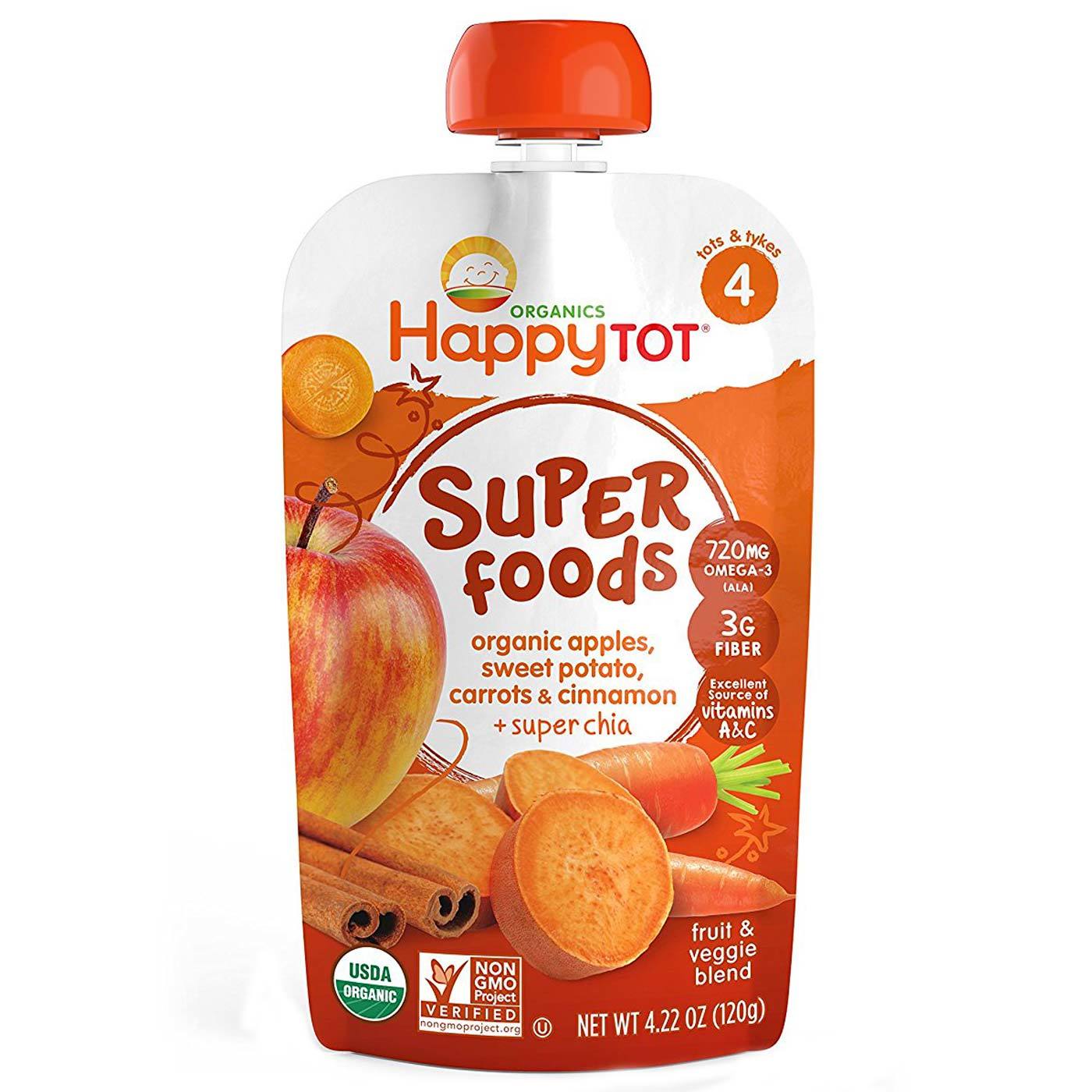 Happy Tot Orgânico superaLimantos Frutas e Vegetais Mistura batata doce, maçã, cenoura e canela 16-4,22 Bolsas oz - Imagem 2
