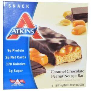 Atkins, Barra de Nougat, Amendoins, Chocolate e Caramelo, 5 Barras, 1,6 oz (44 g) Cada