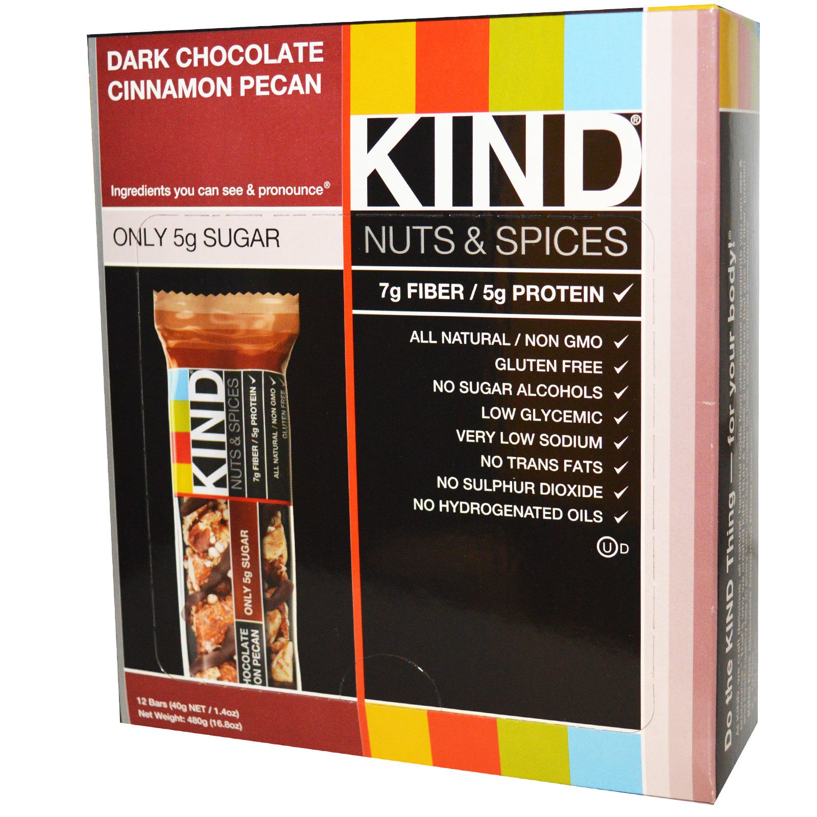 KIND Bars, Nozes e Tempeiros, Pecan de Canela e Chocolate Escuro, 12 Barras, 1.4 oz (40 g)