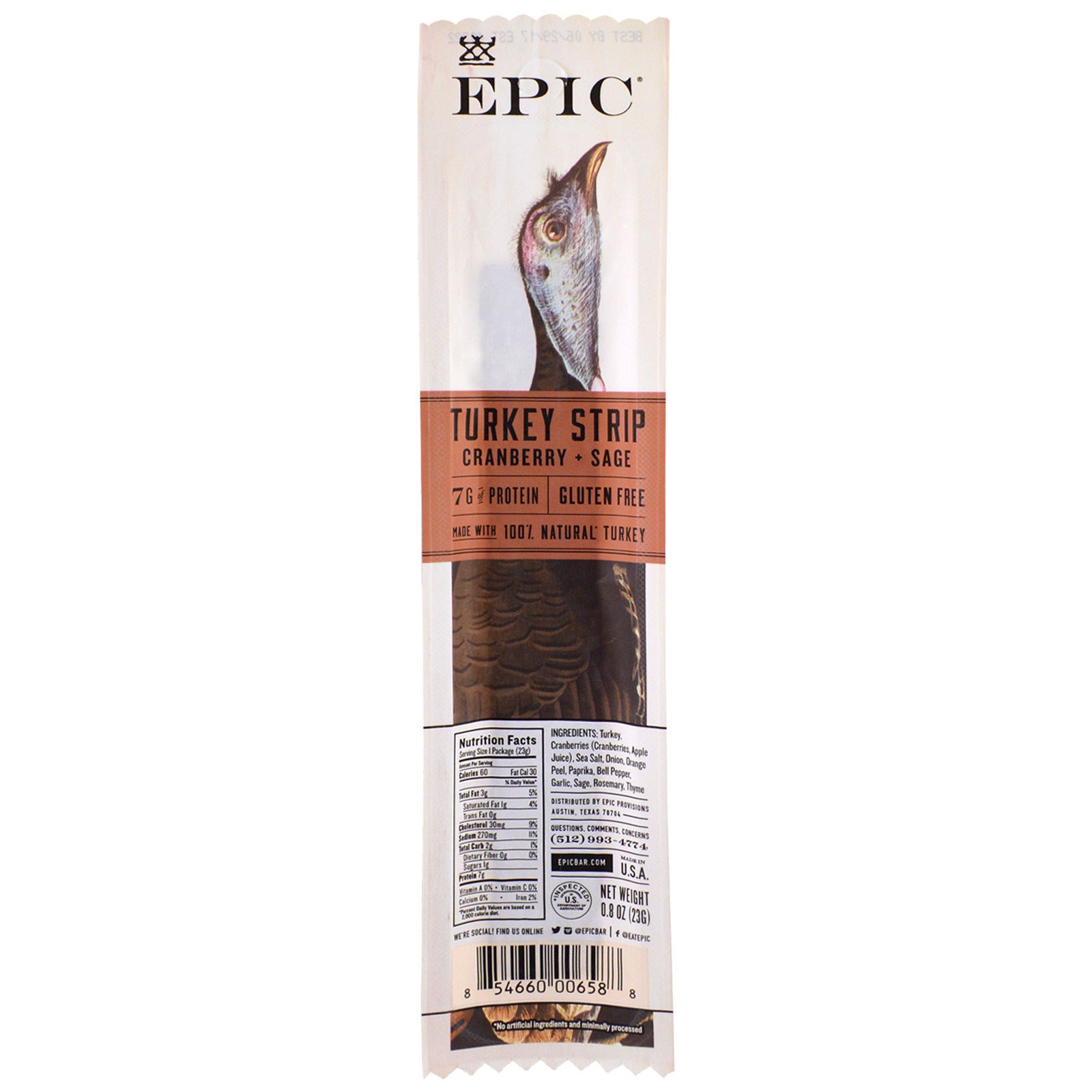 Epic Bar, Tirinha de Peru, Oxicoco e Sálvia, 20 Tirinhas, 23 g cada - Imagem 3