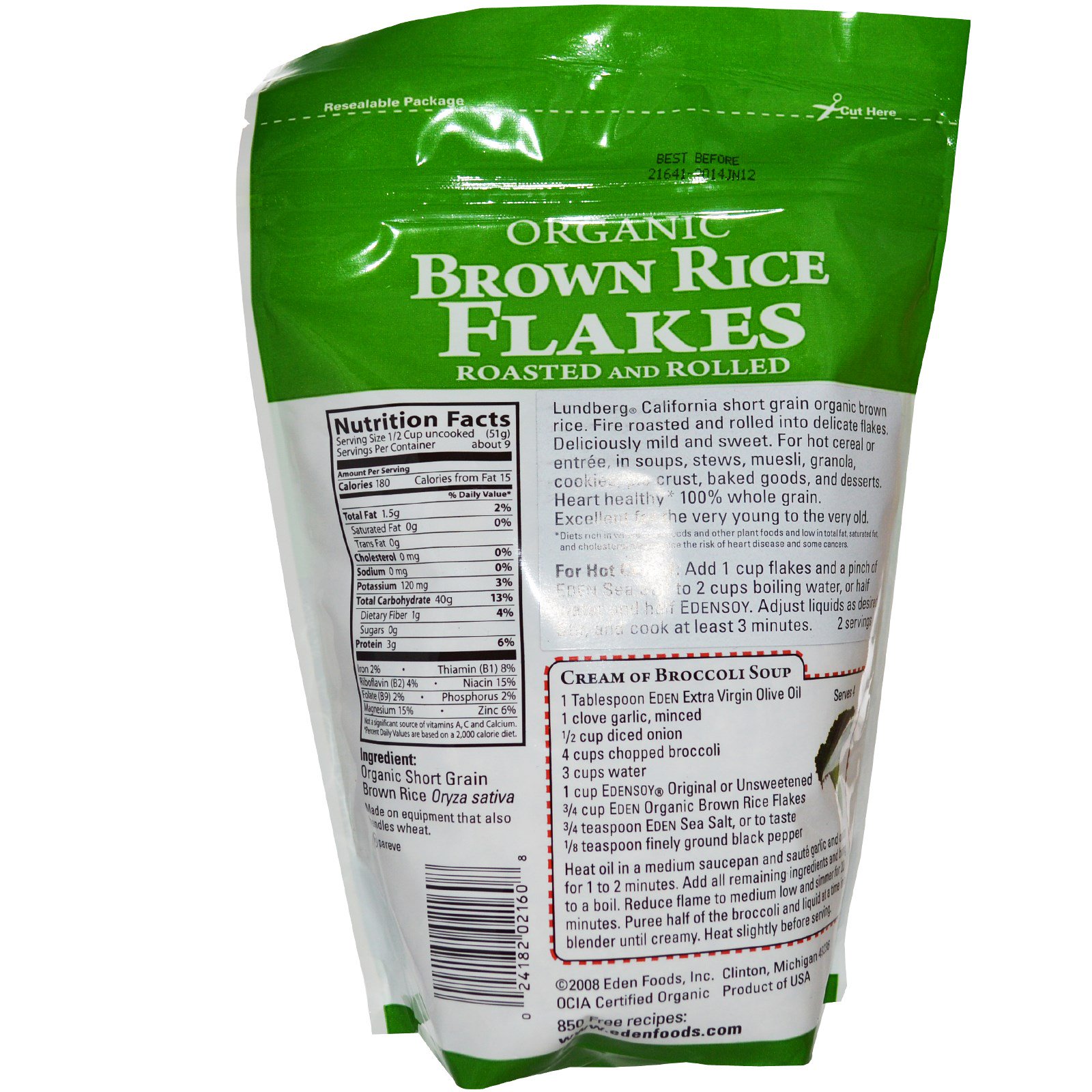 Eden Foods, Flocos de Arroz Integral de Grão Curto, Orgânico, Laminados e Tostados, 16 onças (454 g) - Imagem 2