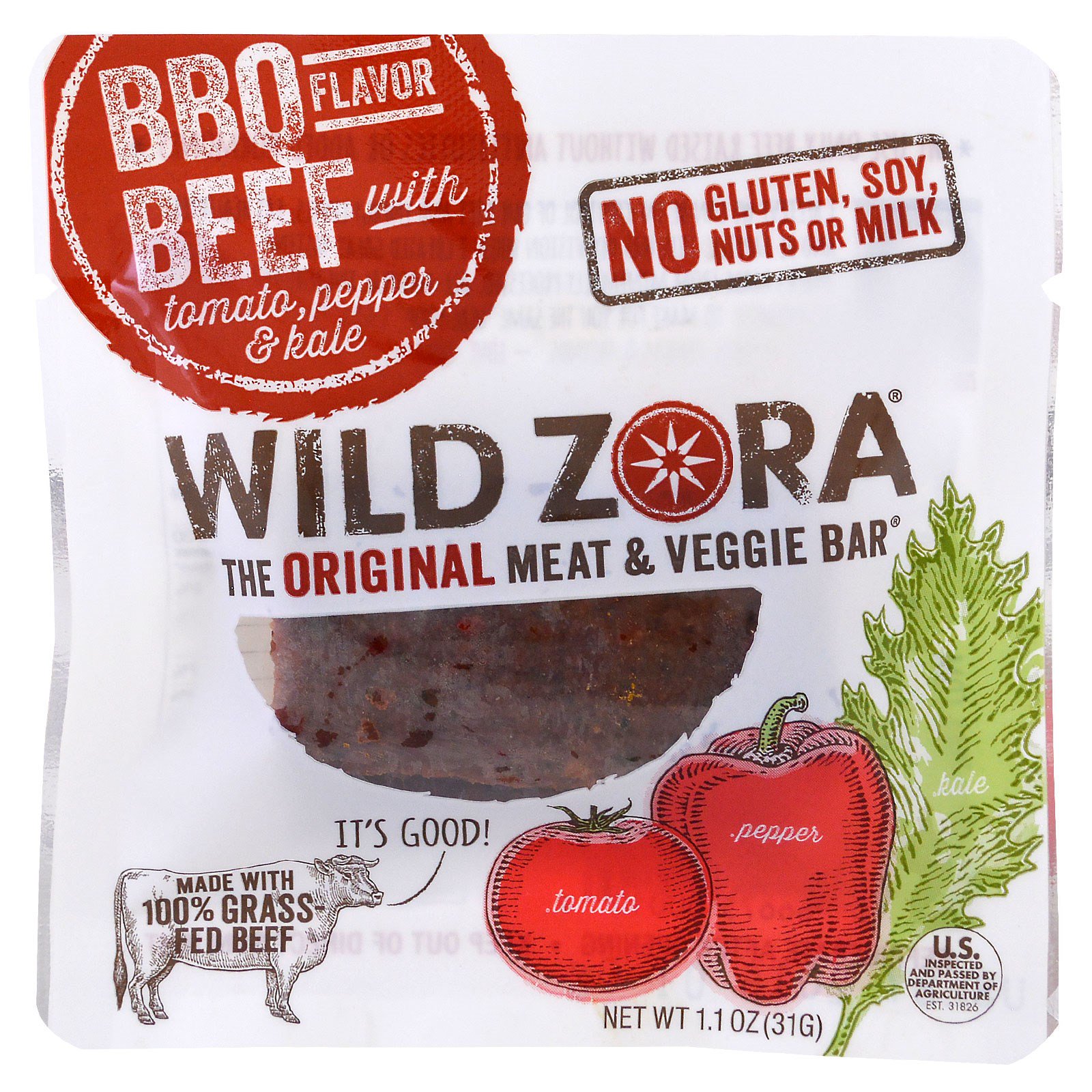 Wild Zora Foods LLC, Barra de Carne e Vegetais, Churrasco com Tomate, Pimentão e Couve, 10 Pacotes, 1,1 oz (31 g) Cada - Imagem 3