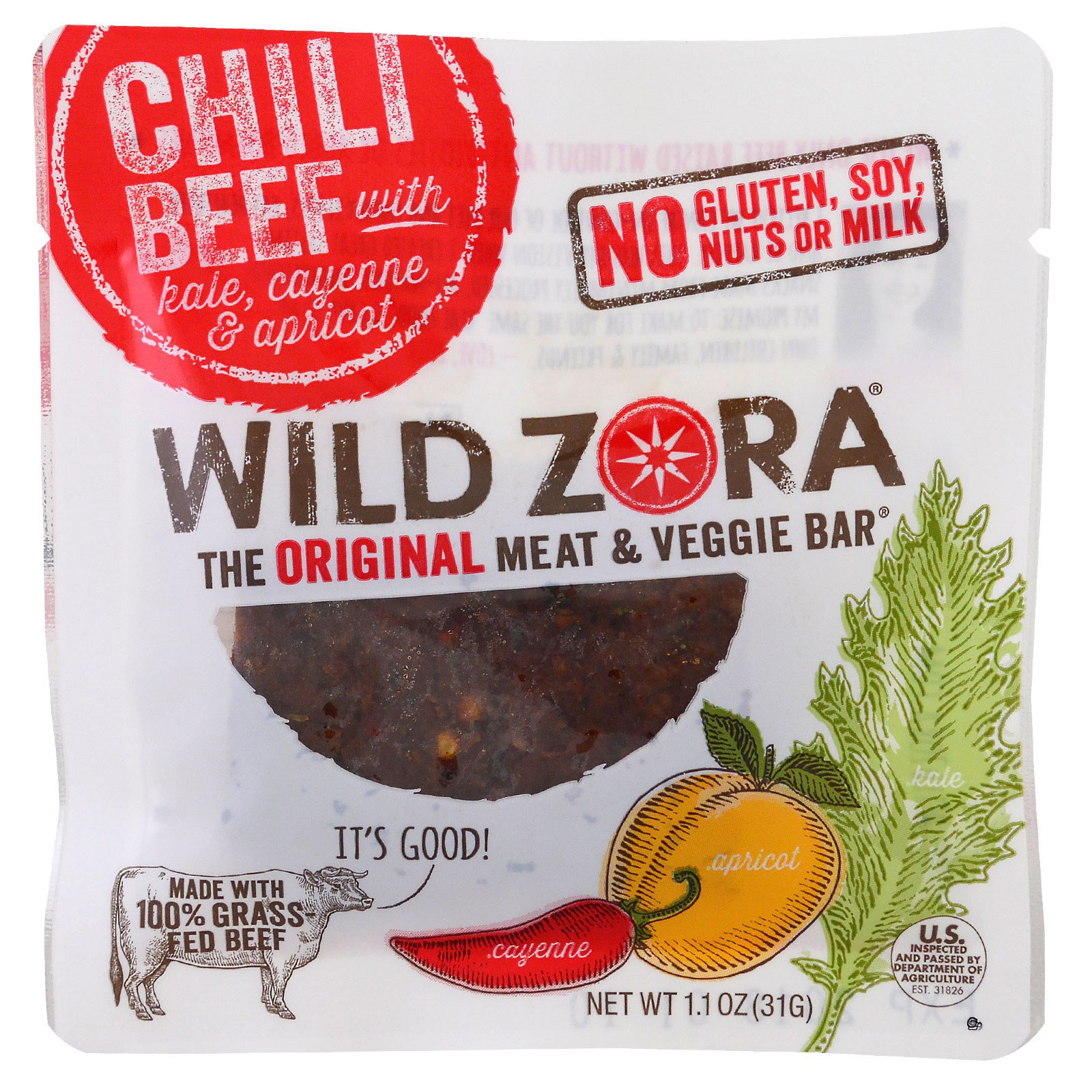 Wild Zora Foods LLC, Barra vegetariana e de carne, Carne picante com couve, Caiena e damasco, 10 Embalagens, 1,1 oz (31 g) Cada - Imagem 3