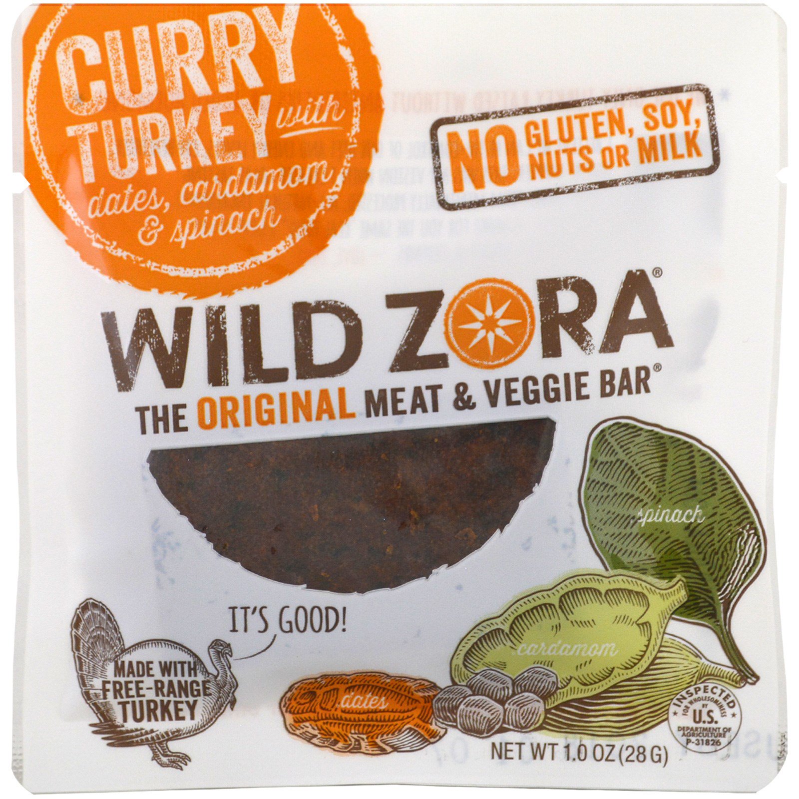 Wild Zora Foods LLC, Barra de Carne e Vegetais, Peru ao Curry com Tâmaras, Cardamomo e Espinafre, 10 Pacotes, 28 g (1 oz) Cada - Imagem 3