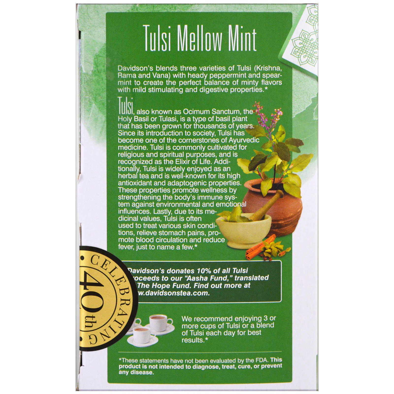 Davidson's Tea, Tulsi, Organic Mellow Mint, 25 Tea Bags, 1.58 oz (45 g) - Imagem 3