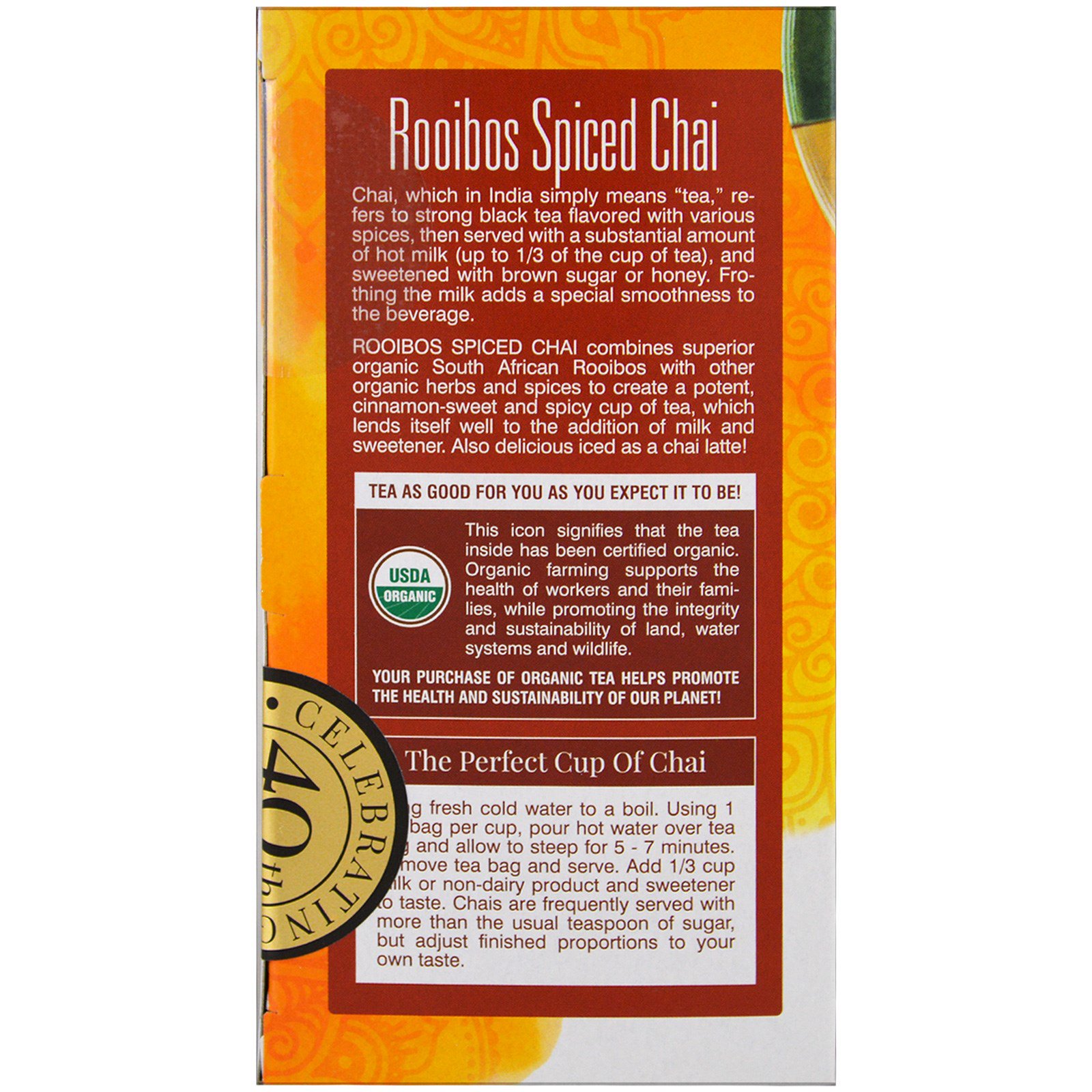 Davidson's Tea, Orgânico, Chai de Rooibos com Especiarias, Sem Cafeína, 25 Saquinhos, 40 g - Imagem 3