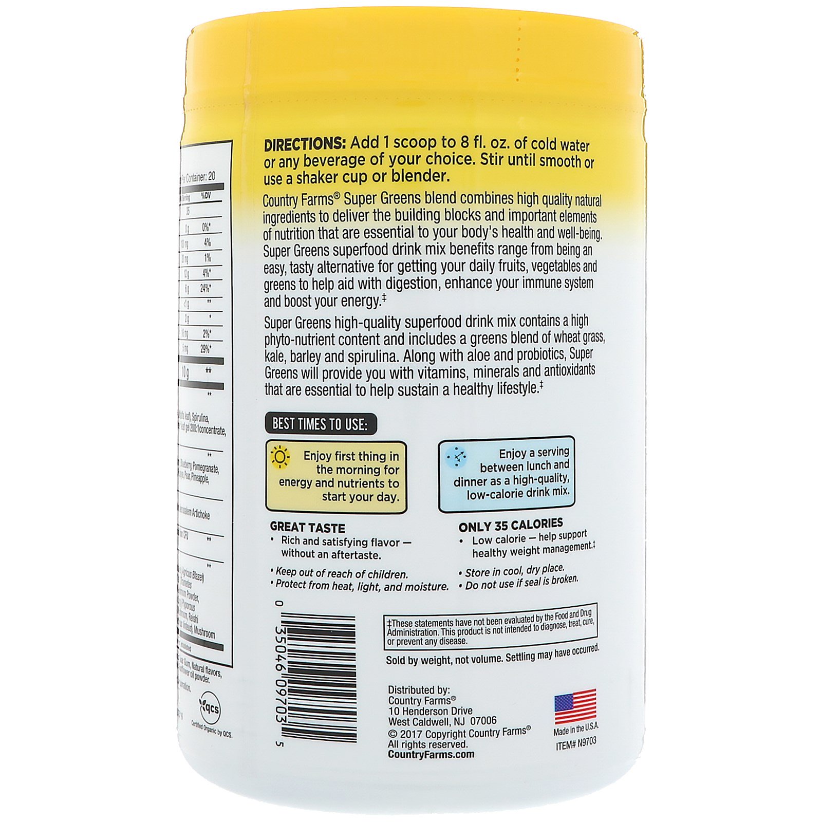 Country Farms, Super Greens, Certified Organice Whole Food Formula, Delicious Apple Banana Flavor, 10.6 oz (300 g) - Imagem 3