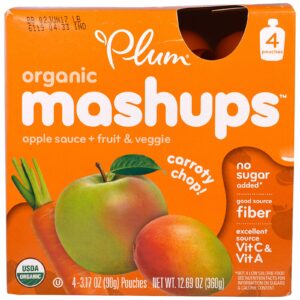 Plum Organics, Plum Organics, Mashups, Caroty Chop - Cenoura, Manga e Maçã, 4 Unidades, 3,17 oz (90 g) Cada