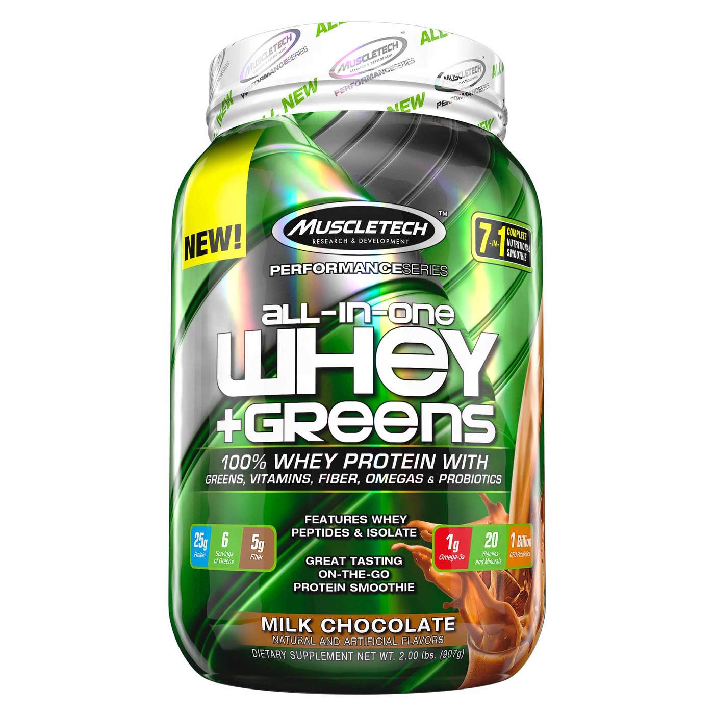 MuscleTech All-in-One Whey mais verdes, Chocolate ao Leite - 2 lbs/907g