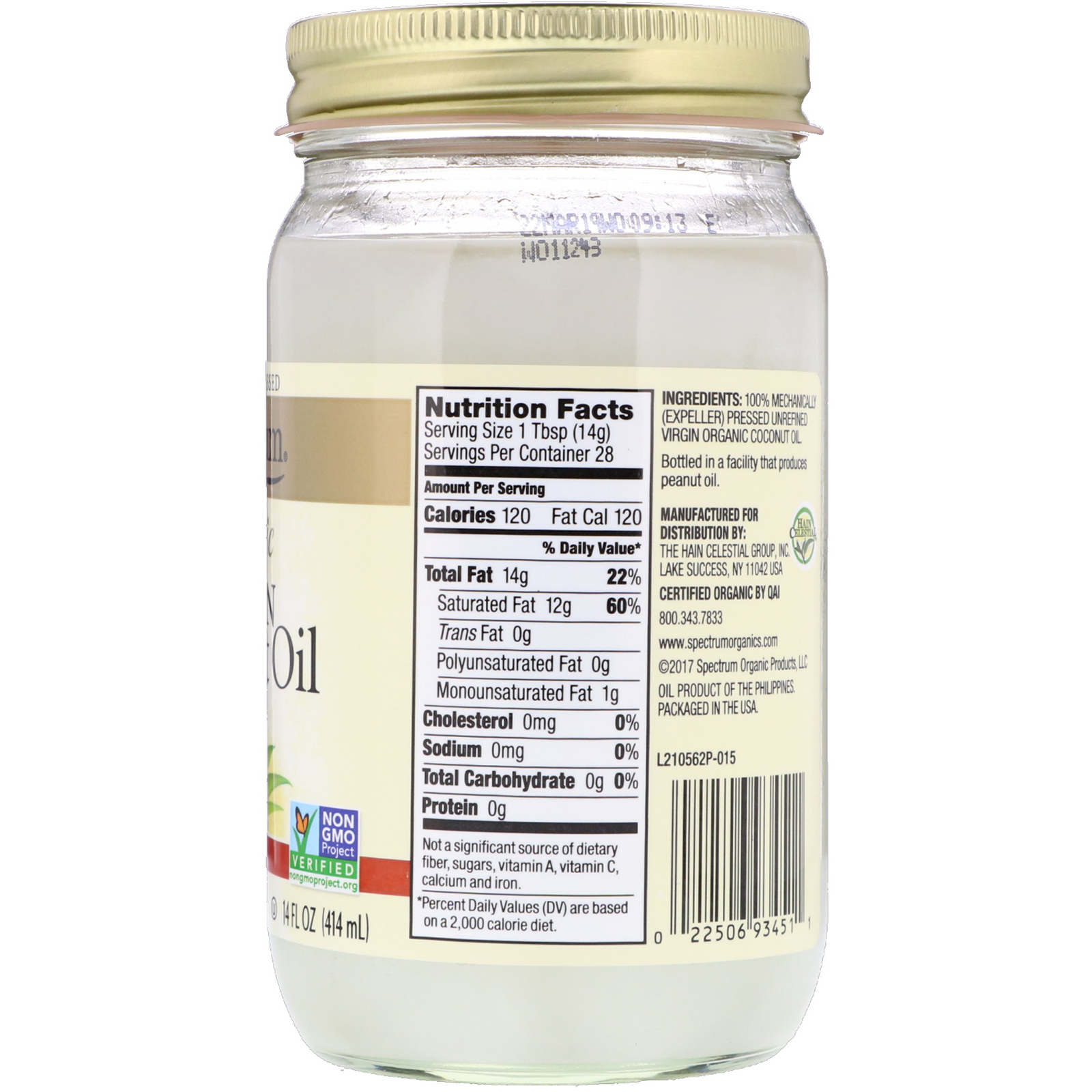 Spectrum Naturals, Óleo de Coco Virgem Orgânico, Não Refinado, 414 ml (14 fl oz) - Imagem 2
