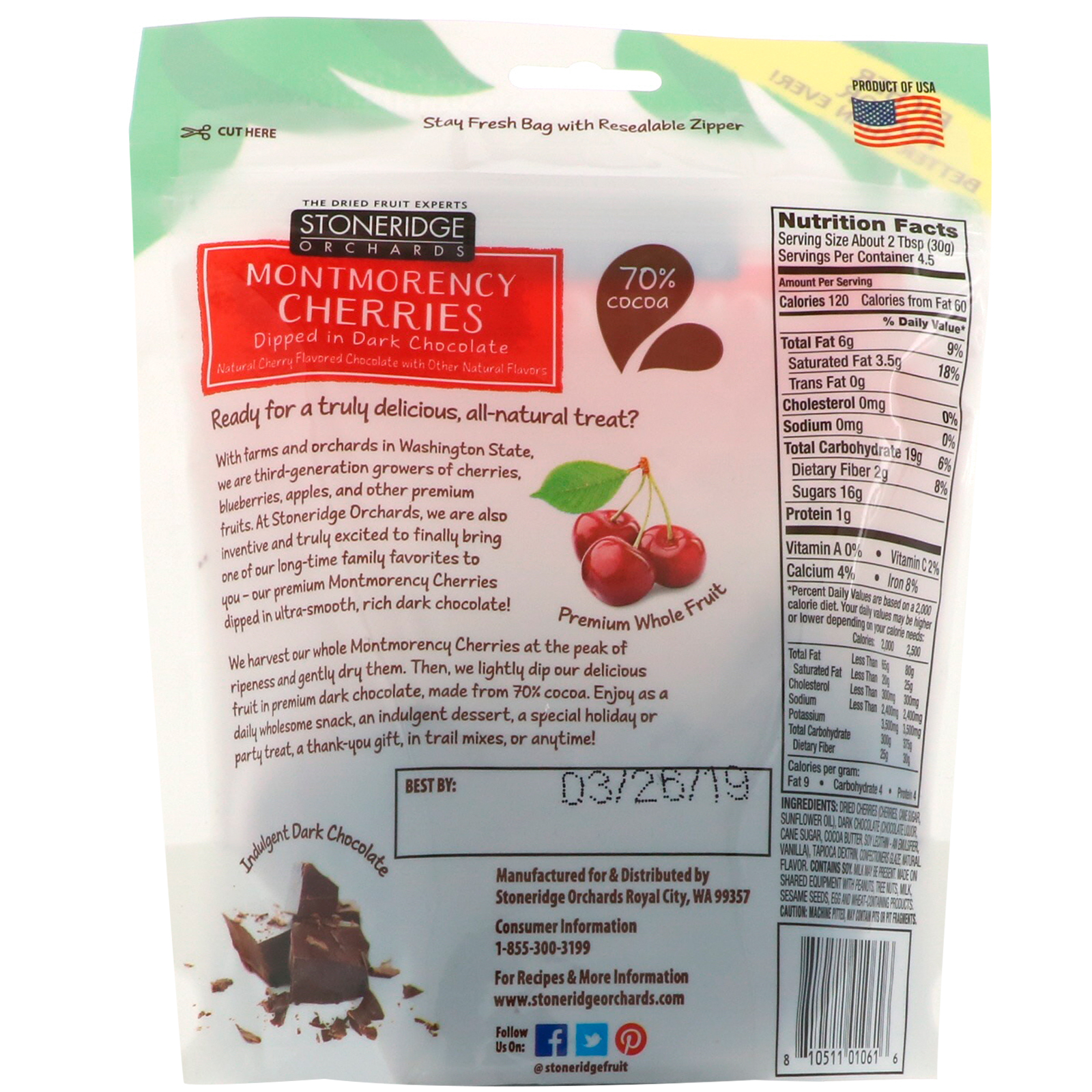 Stoneridge Orchards, Cerejas Montmorency, mergulhadas em chocolate escuro, 5 oz (142 g) - Imagem 2