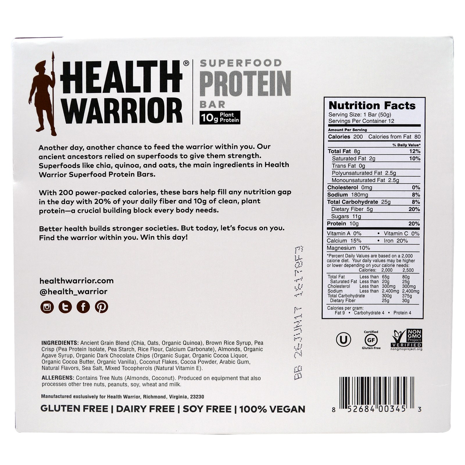 Health Warrior, Inc., Barra de Proteínas de Superalimentos, Chocolate Escuro, Coco e Sal Marinho, 12 Barras, 50 g Cada - Imagem 2