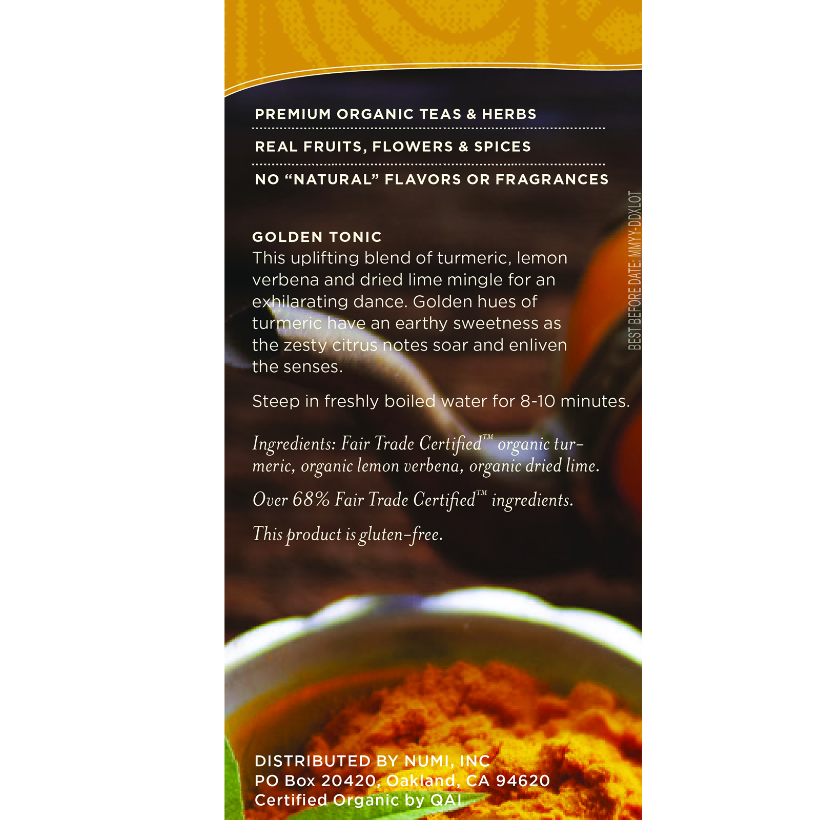 Numi Tea, Organic Tea, Herbal Teasan, Turmeric Golden Tonic, Caffeine Free, 12 Tea Bags, 1.31 oz (37.2 g) - Imagem 2