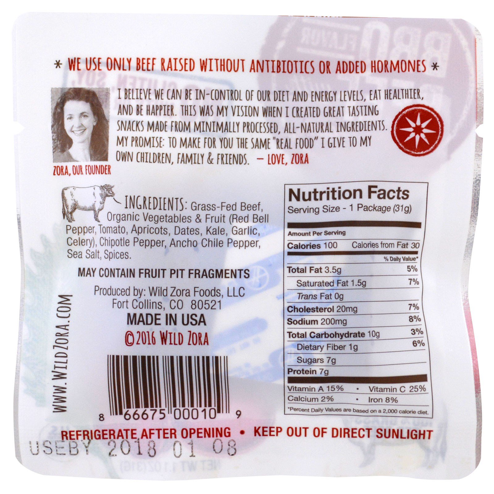 Wild Zora Foods LLC, Barra de Carne e Vegetais, Churrasco com Tomate, Pimentão e Couve, 10 Pacotes, 1,1 oz (31 g) Cada - Imagem 4