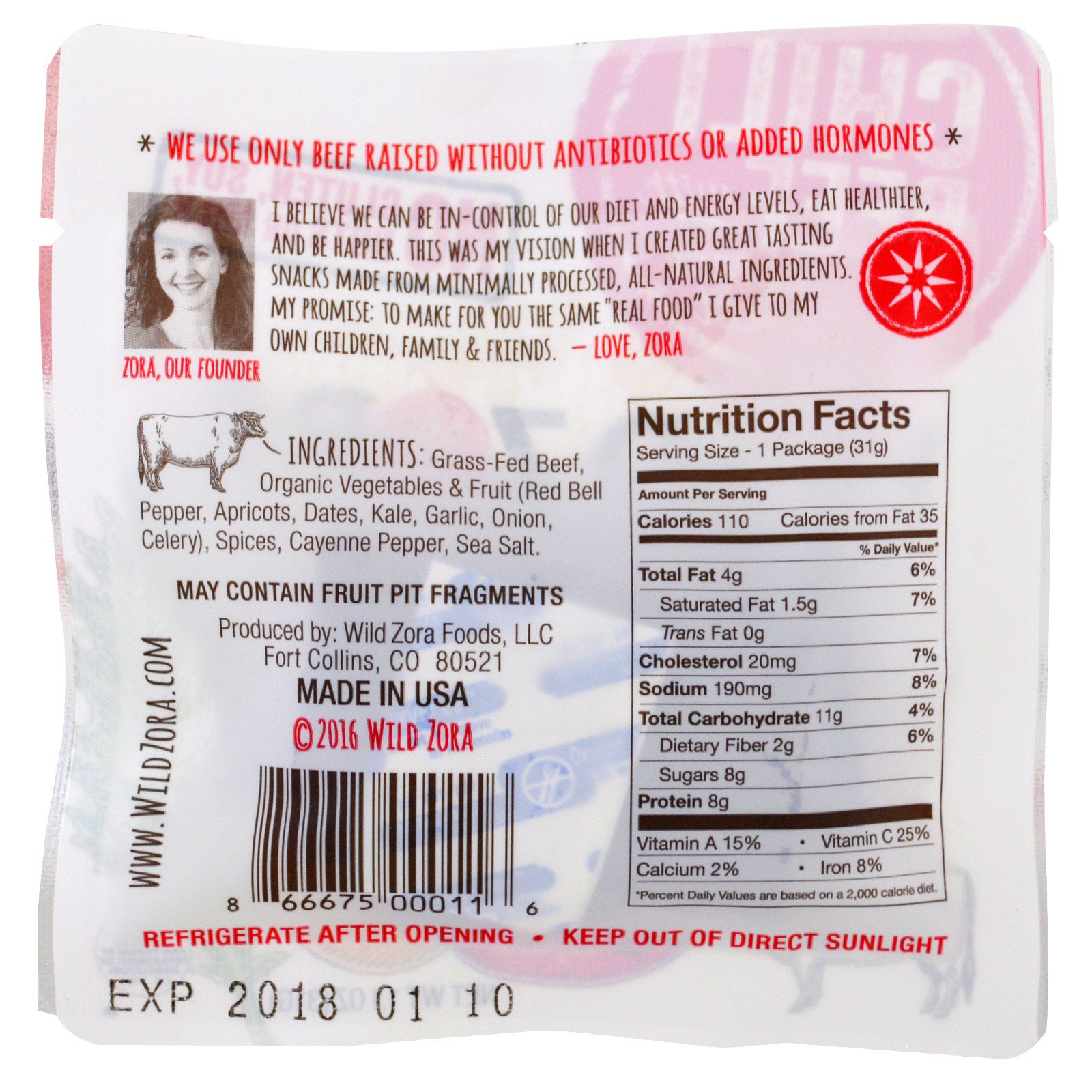 Wild Zora Foods LLC, Barra vegetariana e de carne, Carne picante com couve, Caiena e damasco, 10 Embalagens, 1,1 oz (31 g) Cada - Imagem 4
