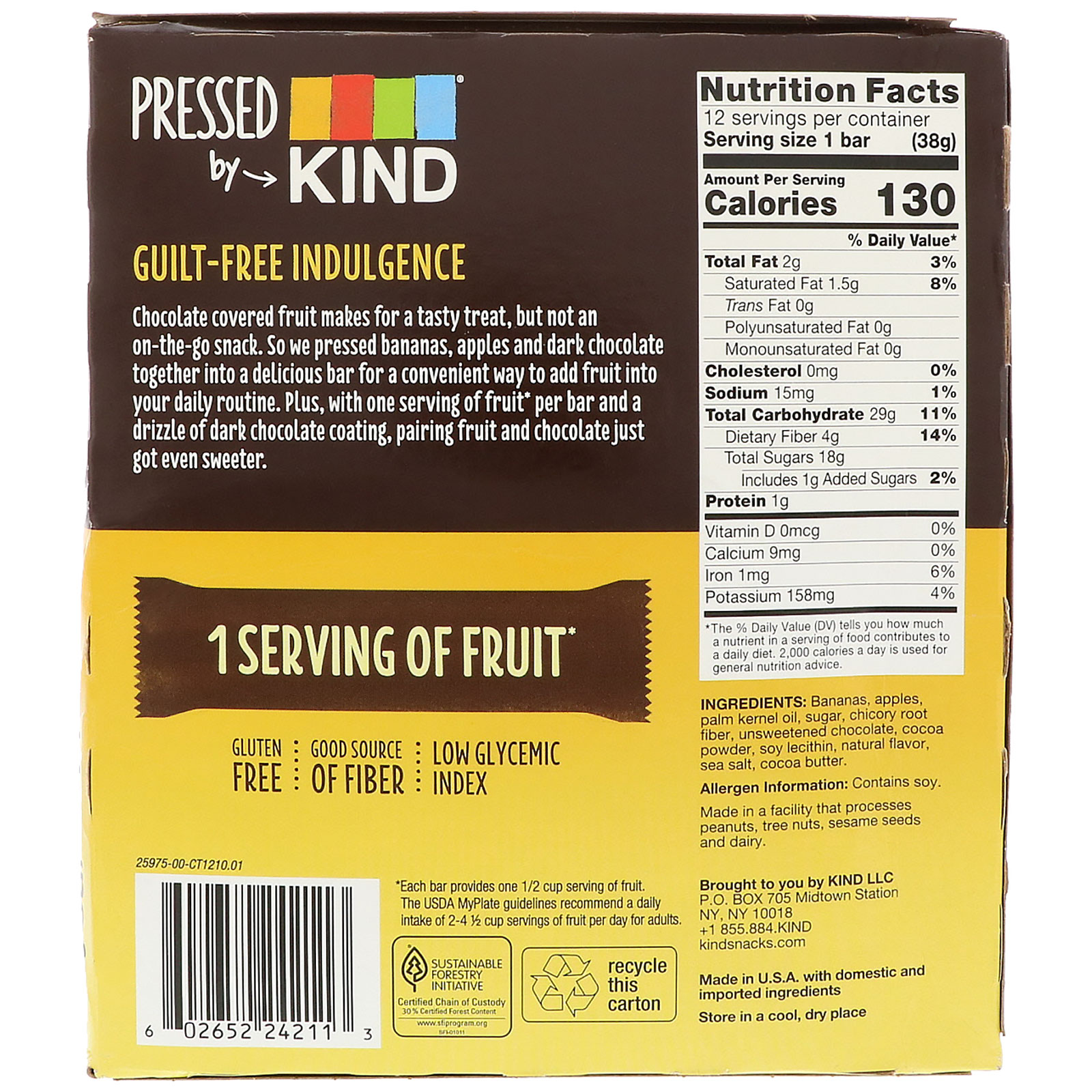 KIND Bars, Pressed by KIND, Banana e Chocolate Amargo, 12 Barra de Frutas, 1,35 oz (38 g) Cada - Imagem 2