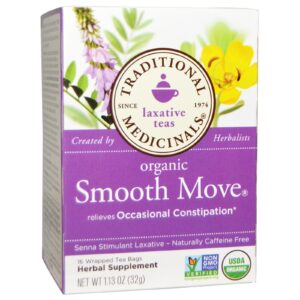 Traditional Medicinals, Smooth Move orgânico, laxante estimulante de Senna, sem cafeína, 16 saquinhos de chá embrulhado, 1,13 oz (32 g)