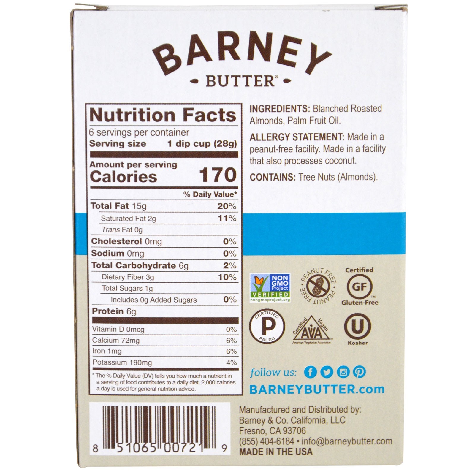 Barney Butter, Manteiga de Amêndoa, Recipientes com Dip Grab & Go, Consistência Lisa, 6 Recipientes Únicos para Dip, 1 oz (28 g) Each - Imagem 2