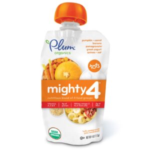 Plum Organics, Mighty 4, Pequeninos, Mistura Nutritiva de 4 grupos Alimentares, Abóbora, Cenoura, Banana, Romã, Iogurte Grego, Quinoa e Aveia, 4 oz (113 g)