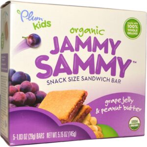 Plum Organics, Produtos Orgânicos da Jammy Sammy, Geléia de Uva e Manteiga de Amendoim, 5 Barras, 1.03 oz (29 g) cada