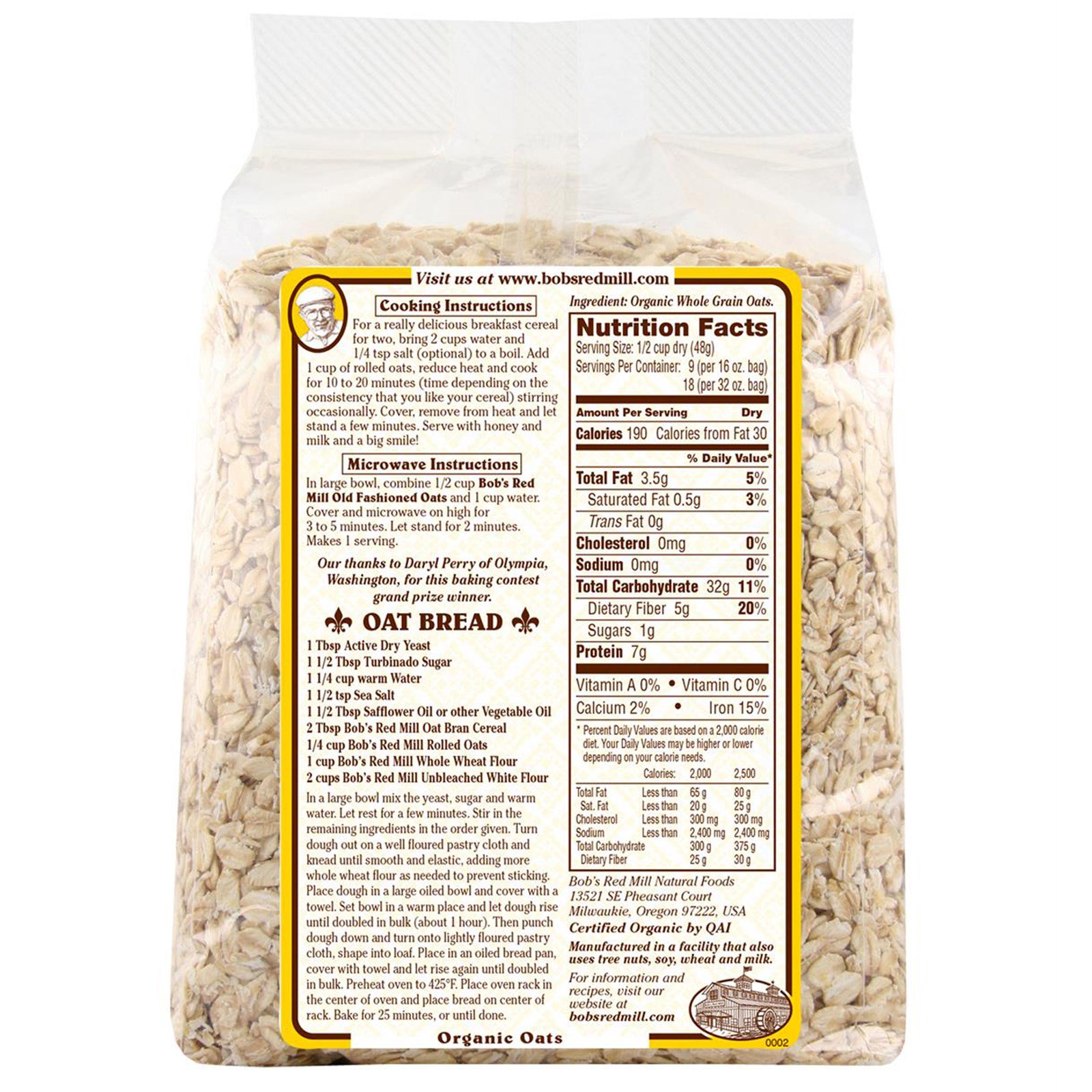 Bob's Red Mill, Aveia em Rolos à Moda Antiga Orgânicos, Integral, 32 oz (2 lbs), 907 g - Imagem 2