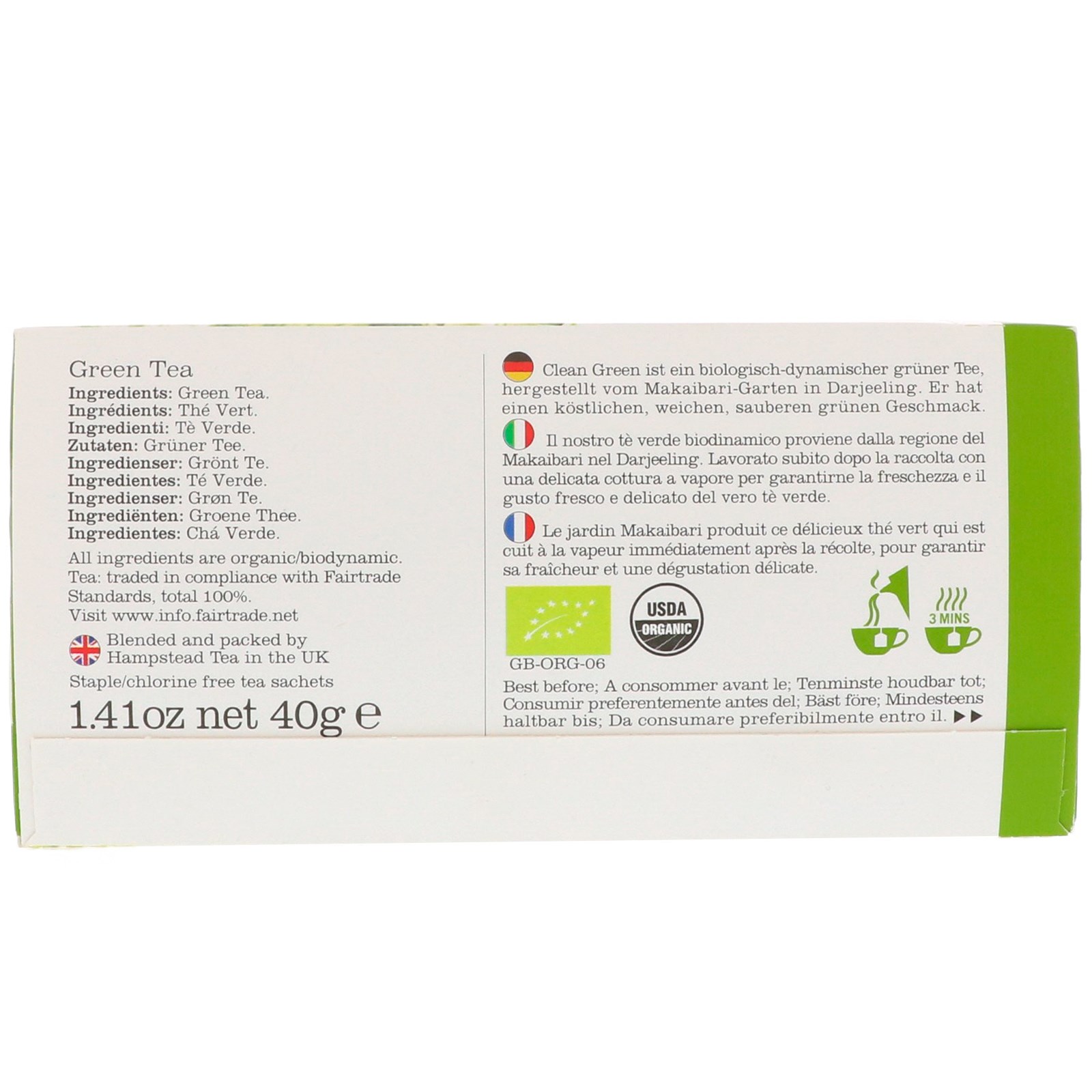 Hampstead Tea, Clean Green, Organic Green Tea, 20 Sachets, 1.41 oz (40 g) - Imagem 2