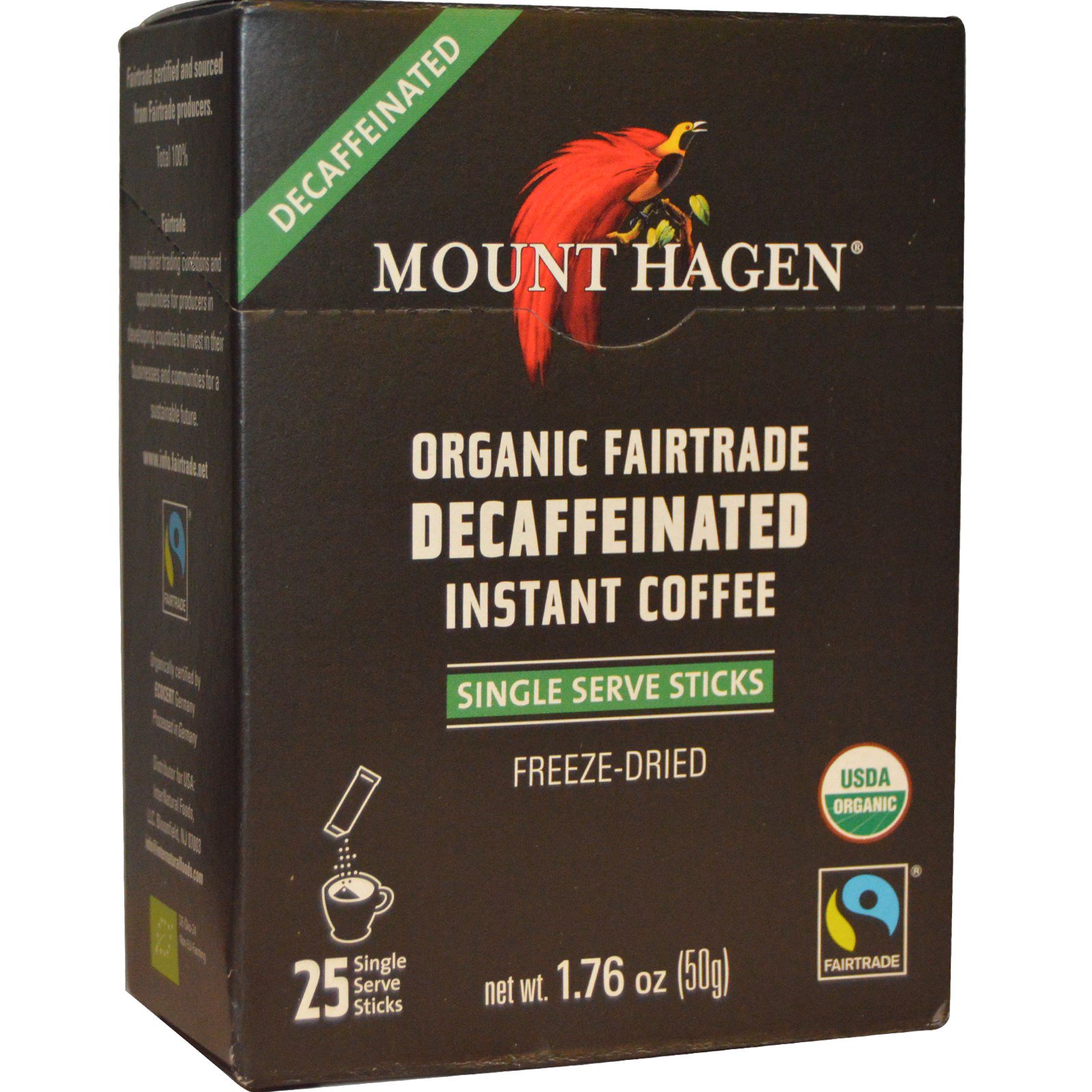 Mount Hagen, Café Orgânico Instantâneo Descafeinado de Comércio Justo, 25 Palitos, 1,76 oz (50 g)