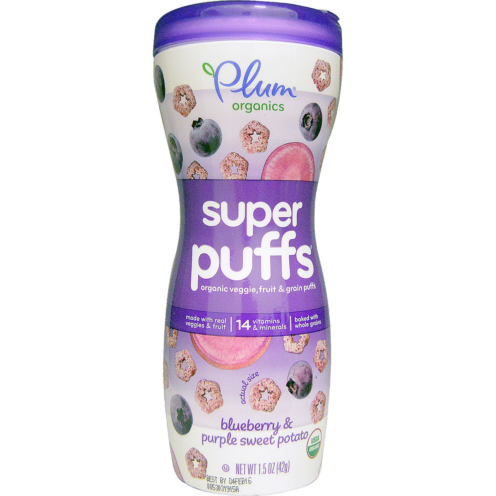 Plum Organics, Super Puffs, vegetais orgânicos, petisquinhos de frutas e grãos, mirtilos e batata doce roxa, 1,5 oz (42 g.)