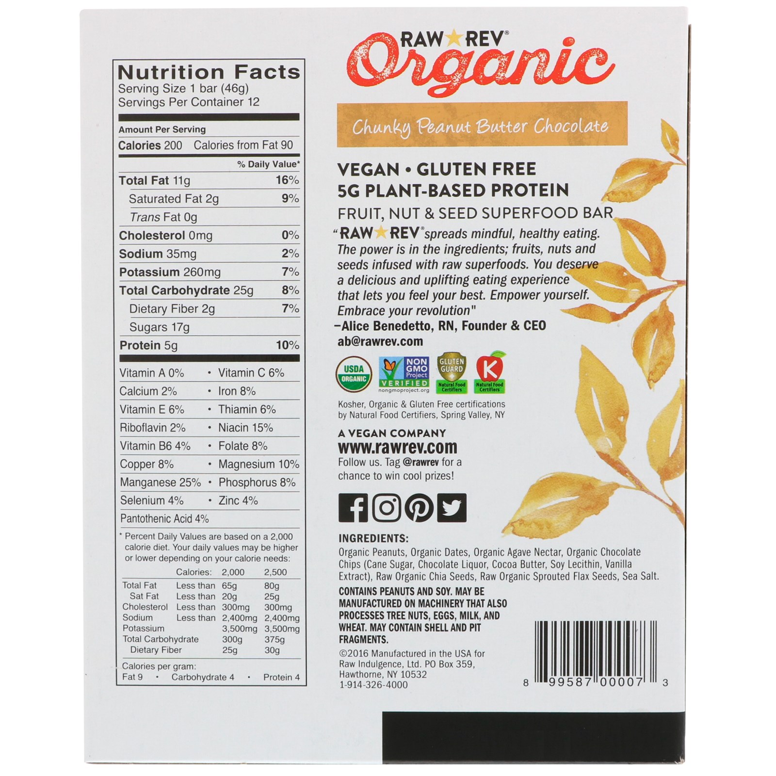 Raw Revolution, Organic, Chunky Peanut Butter Chocolate, 12 Bars, 1.6 oz (46 g) Each - Imagem 2