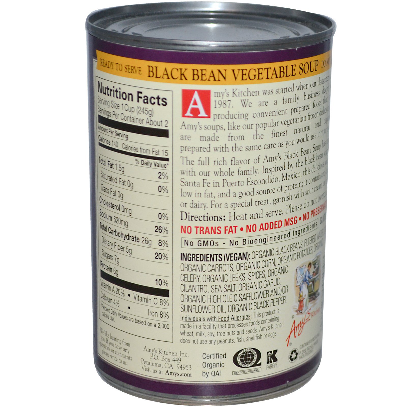 Amy's, Sopas Orgânicas, Feijão Preto e Vegetais Baixo Teor de Gordura, 14.5 oz (411 g) - Imagem 2