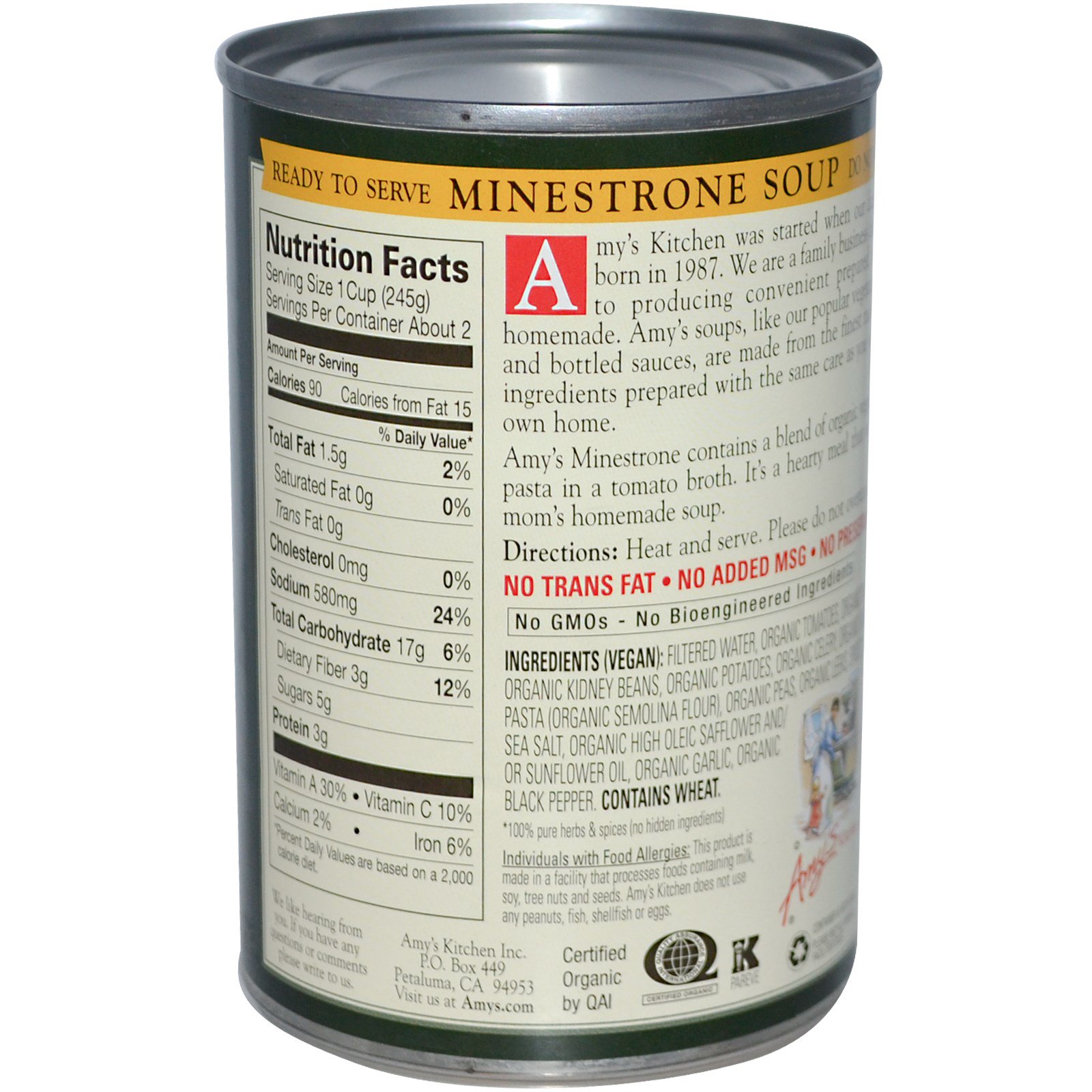 Amy's, Sopas Orgânicas, Sopa Grossa de Vegetais e Macarrão Baixo Teor de Gordura, 14.1 oz (400 g) - Imagem 2