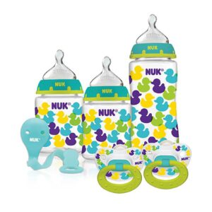 NUK, Conjunto de Iniciante com Mamadeiras com Bicos de Encaixe Perfeito e Chupeta, Patos, 0+ Meses, 1 Conjunto
