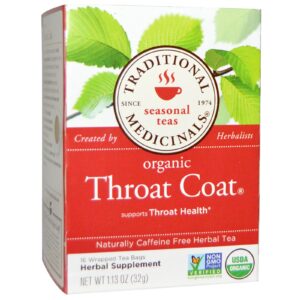 Traditional Medicinals, Chás Sazonais, Organic Throat Coat, Sem Cafeína, 16 Saquinhos de Chá Embalados, 1,13 oz (32 g)