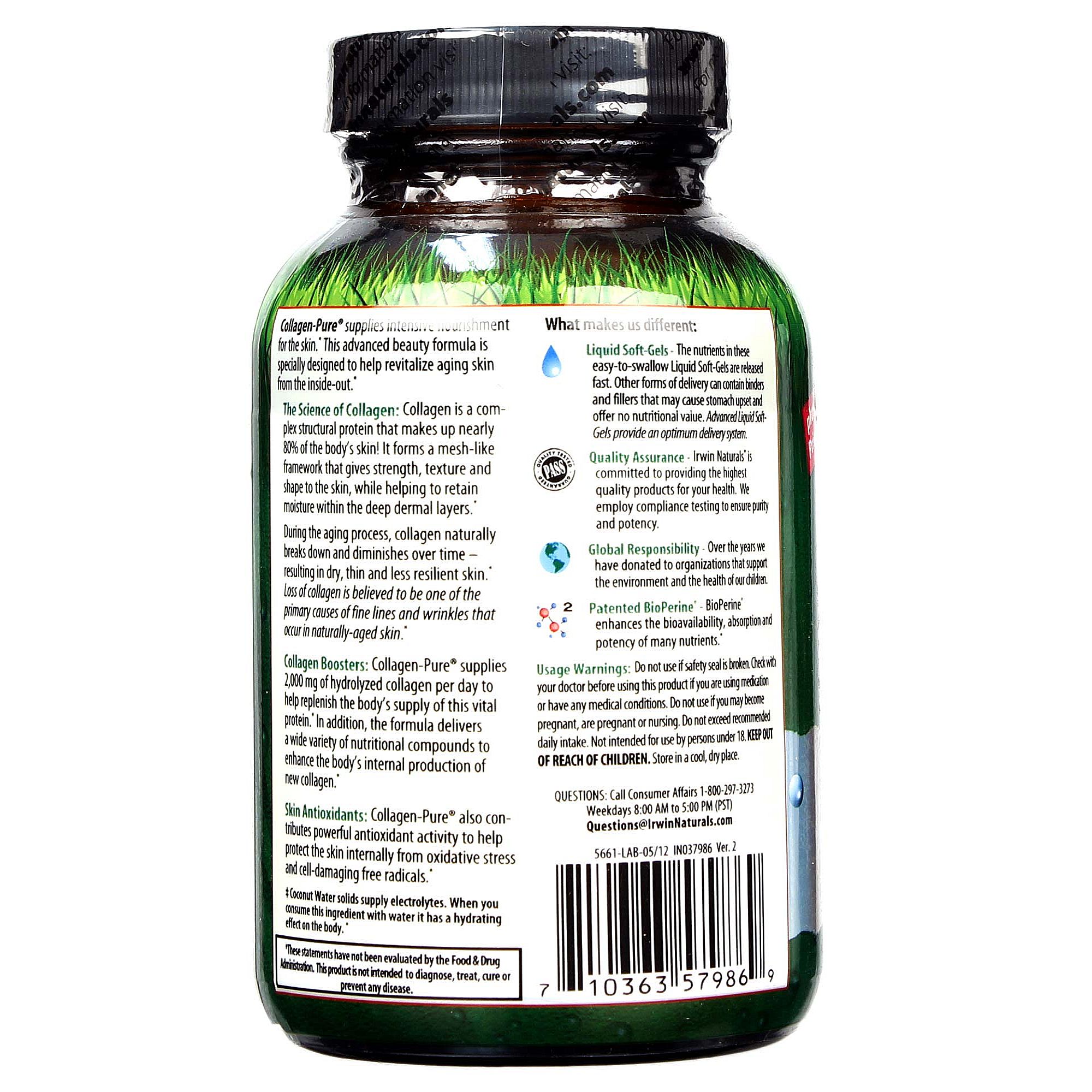 Collagen-Pure com hidratação de água de coco Irwin Naturals 80 Cápsulas - Imagem 3