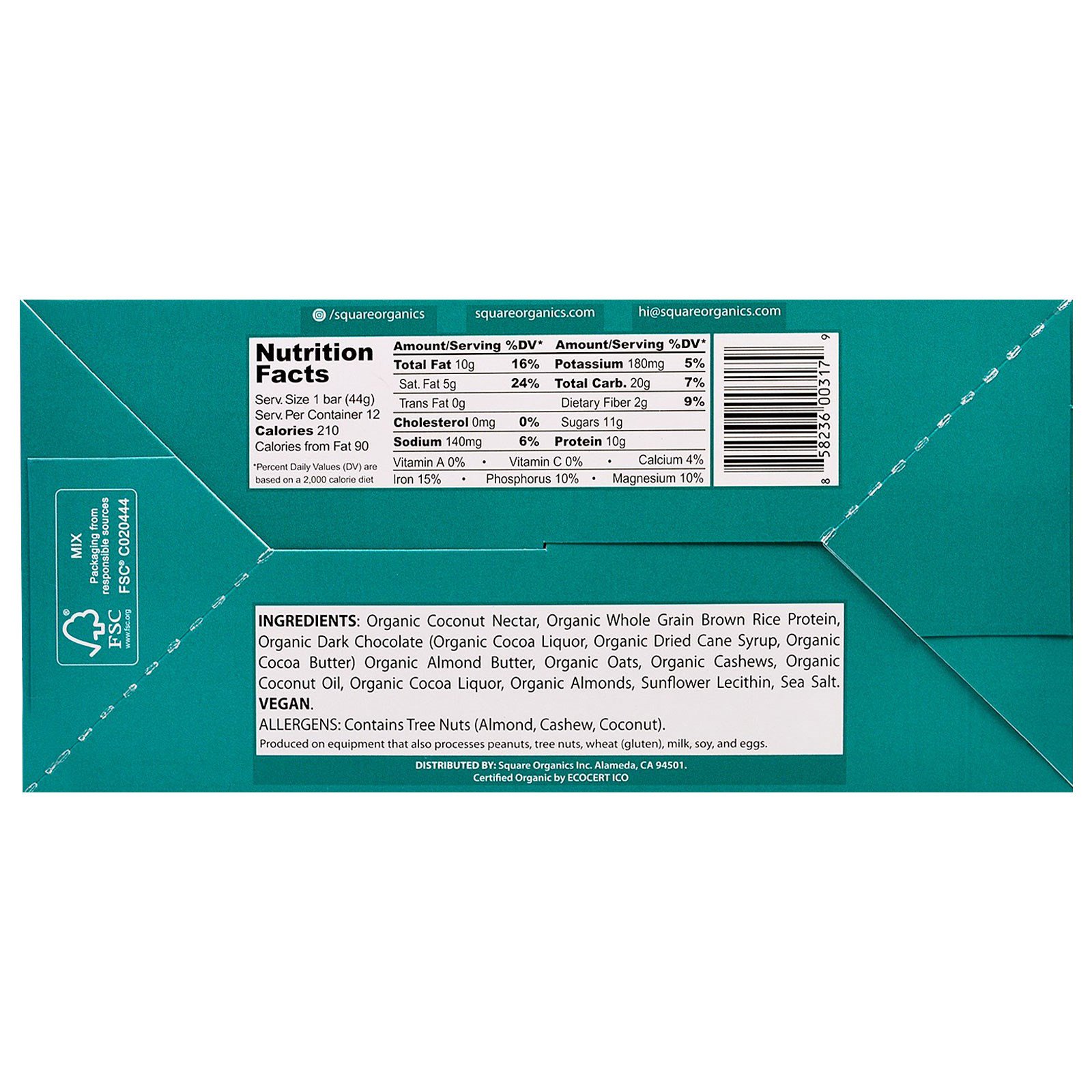 Square Organics, Barra de Proteína Orgânica, Nozes Cobertas por Chocolate e Sal Marinho, 12 Barras, 1,6 oz (44 g) Cada - Imagem 2