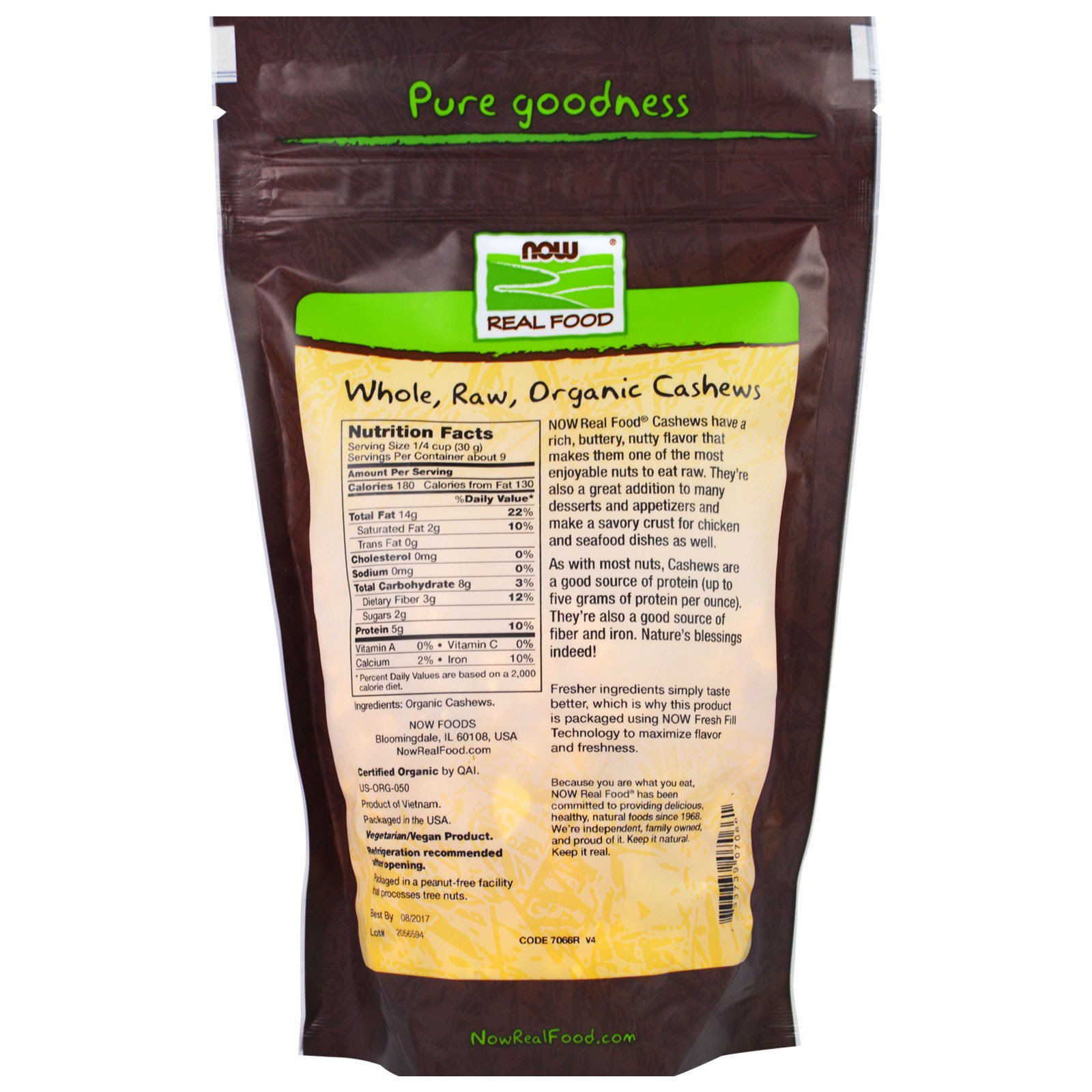 Now Foods, Verdadeiros Alimentos Orgânicos, Integrais, Castanha de Cajú, Sem Sal, 284 g - Imagem 2