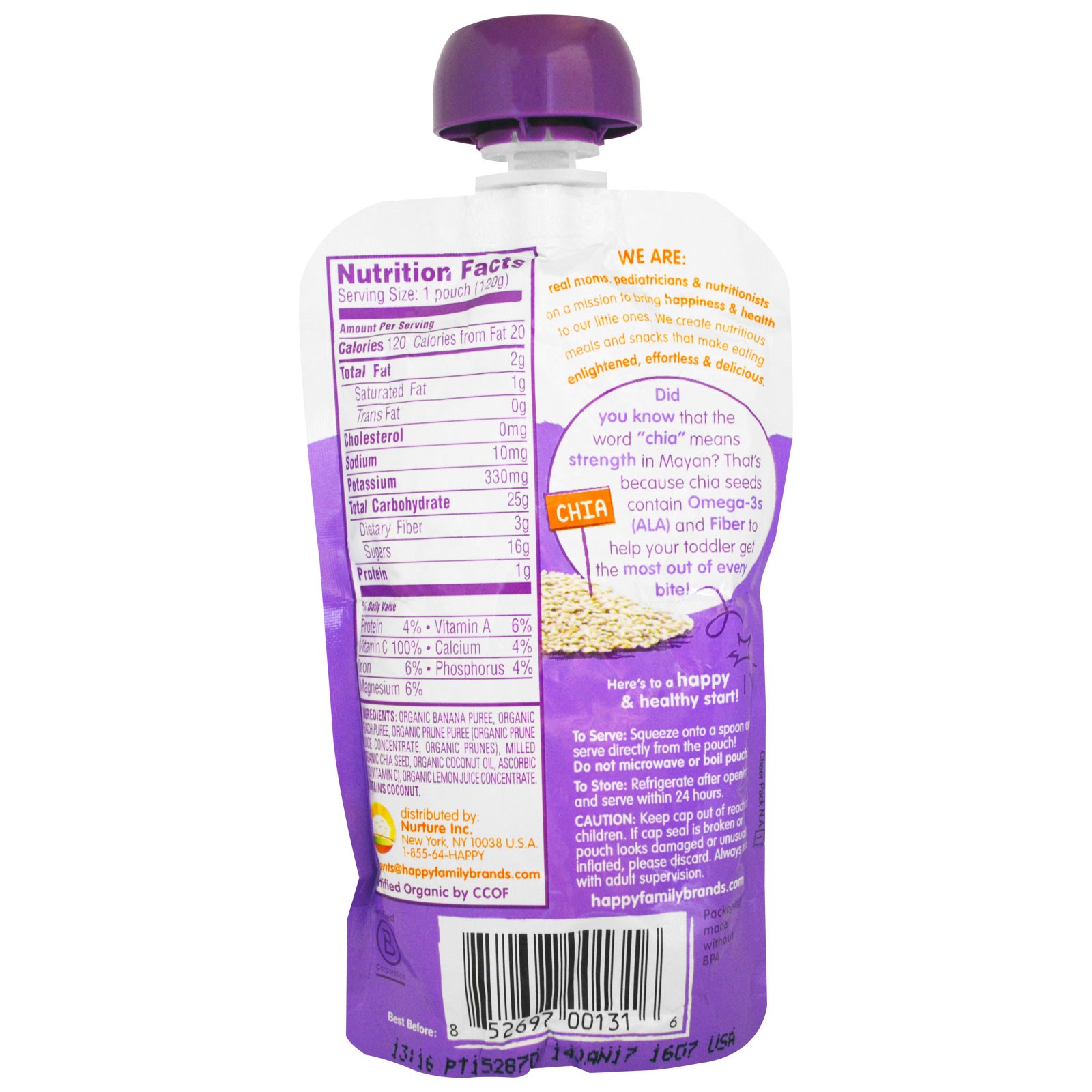 Nurture Inc. (Happy Baby), HappyTot, Superalimentos Orgânicos, Banana, Pêssego, Ameixa e Coco + Superchia, 120 g (4,22 oz) - Imagem 2