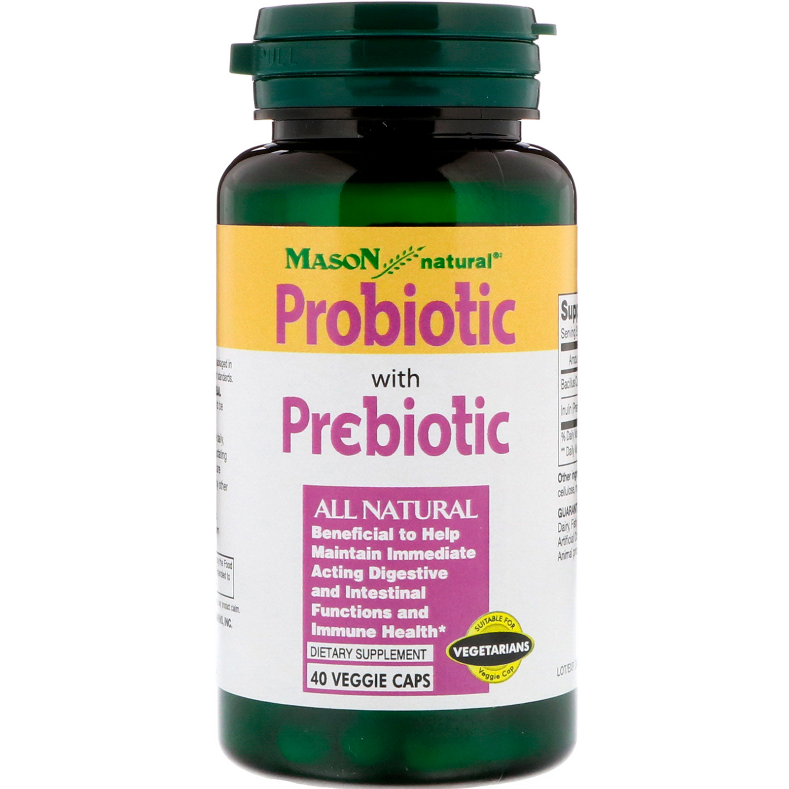 Mason Natural, Probiótico com Prebiótico, 40 Cápsulas Vegetarianas