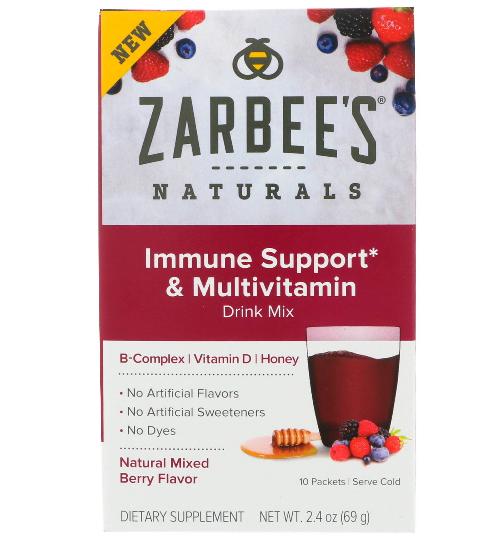 Zarbee's, Immune Support & Multivitamin Drink Mix with B-Complex, Vitamin D, Honey, Natural Mixed Berry Flavor, 10 Packets, 2.4 oz (69 g)
