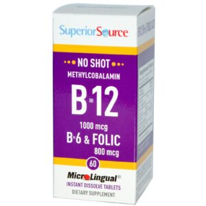 Superior Source, Metilcobalamina B-12 1000 mcg, B-6 e Ácido Fólico 800 mcg, MicroLingual, 60 Comprimidos