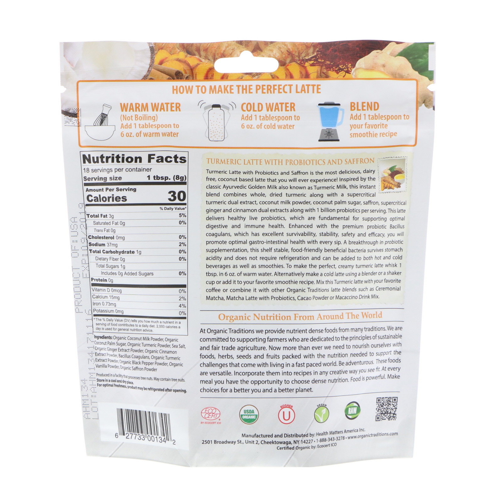 Organic Traditions, Latte de Cúrcuma com Probióticos e Açafrão, 5,3 oz (150 g) - Imagem 2