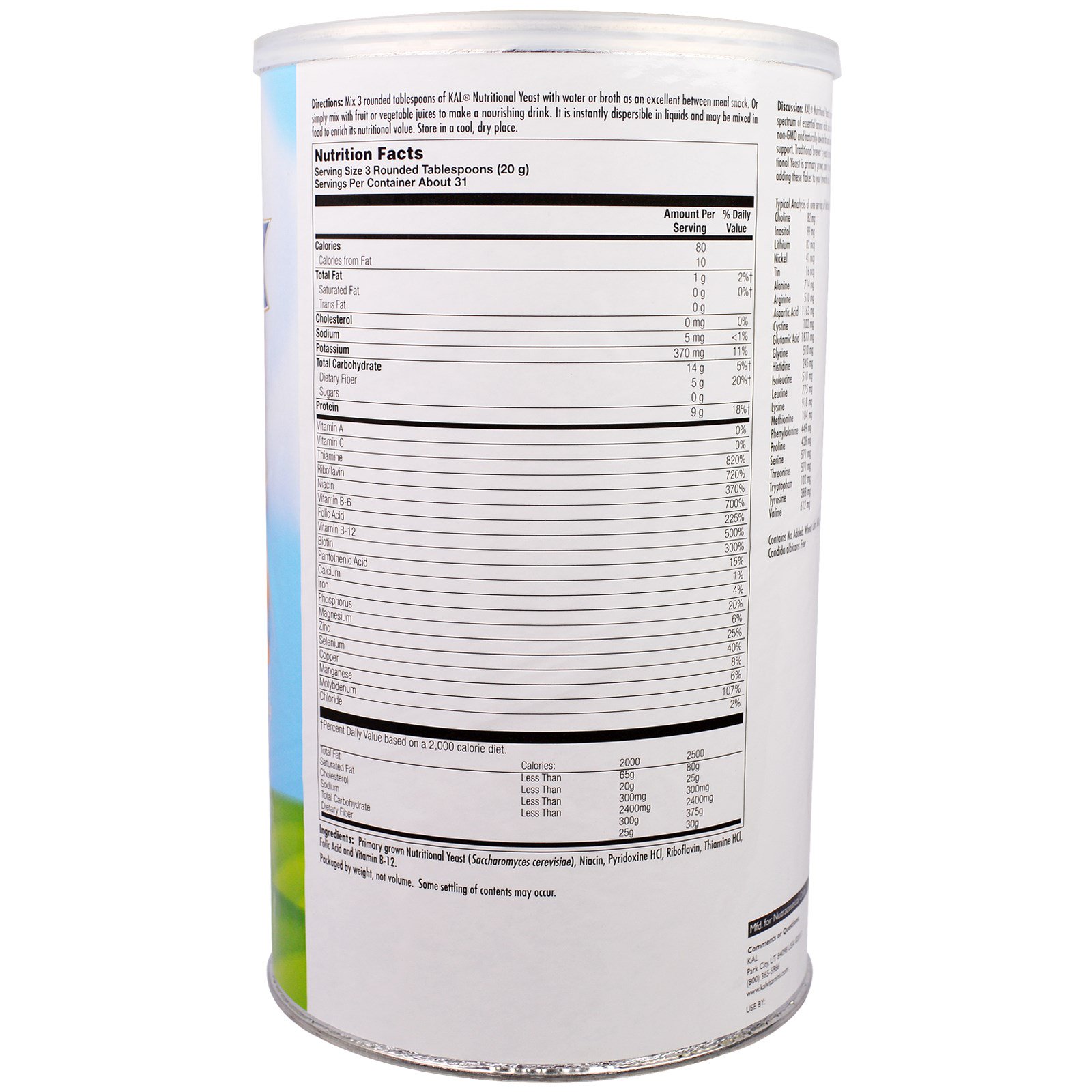 KAL, Flocos de Levedo Nutritivo, Sem Açúcar, 624 g (22 oz) - Imagem 2