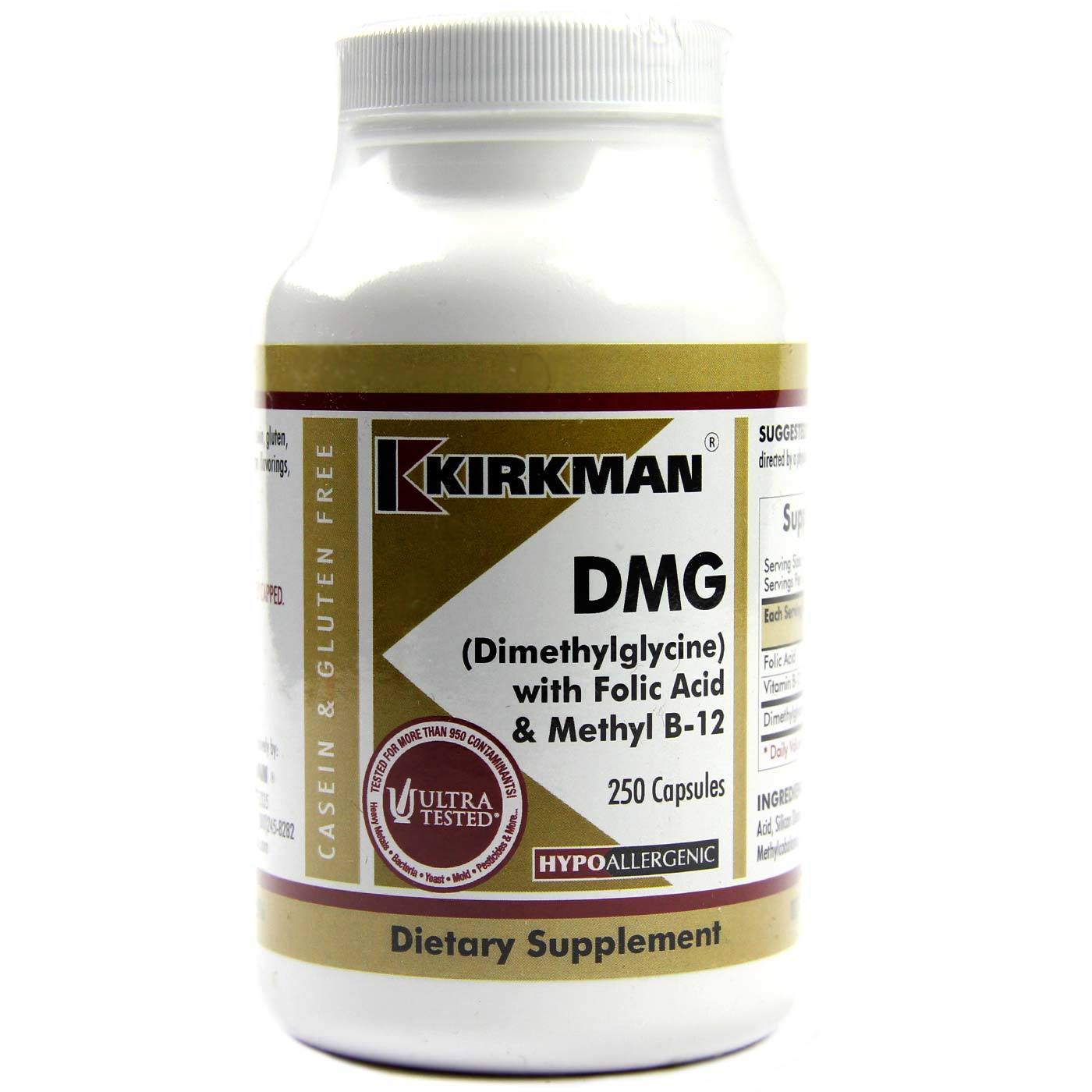 Kirkman Labs DMG (Dimethylglycine) com Folic Acid and B12, Hipoalergênico - 250 Cápsulas Vegetarianas