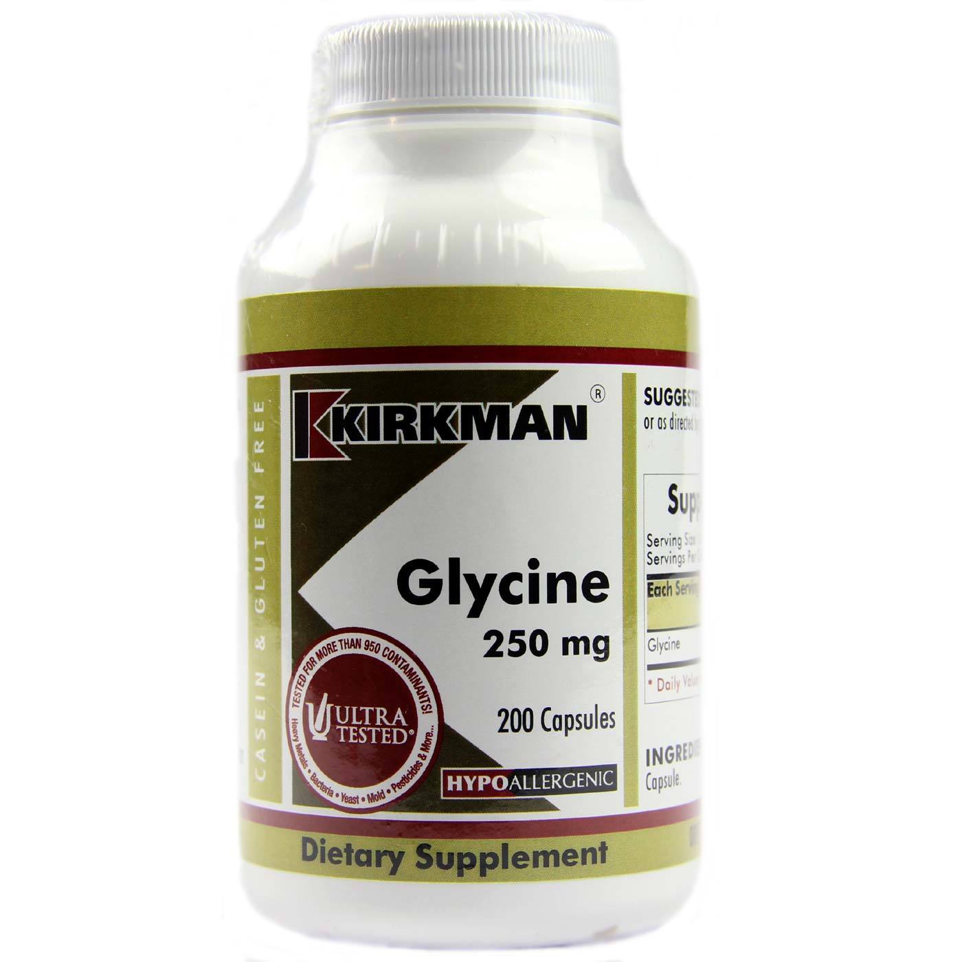 Kirkman Labs Glycine 250 Mg, Hipoalergênico - 200 Cápsulas Vegetarianas
