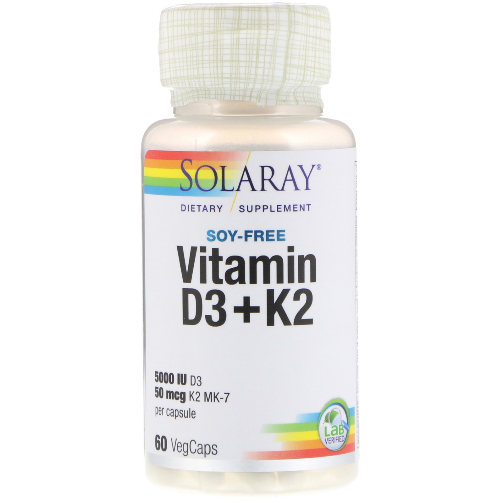 Solaray, Vitamina D 3 + K 2, Não contém soja, 60 cápsulas vegetarianas