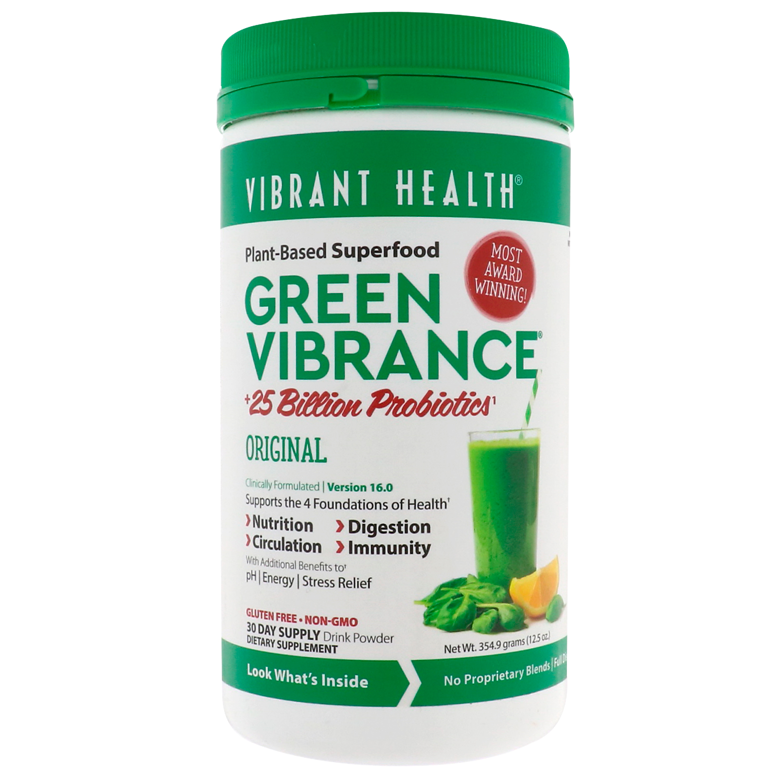 Vibrant Health, Green Vibrance + 25 Bilhões de Probióticos, Versão 16.0, 354,9 g